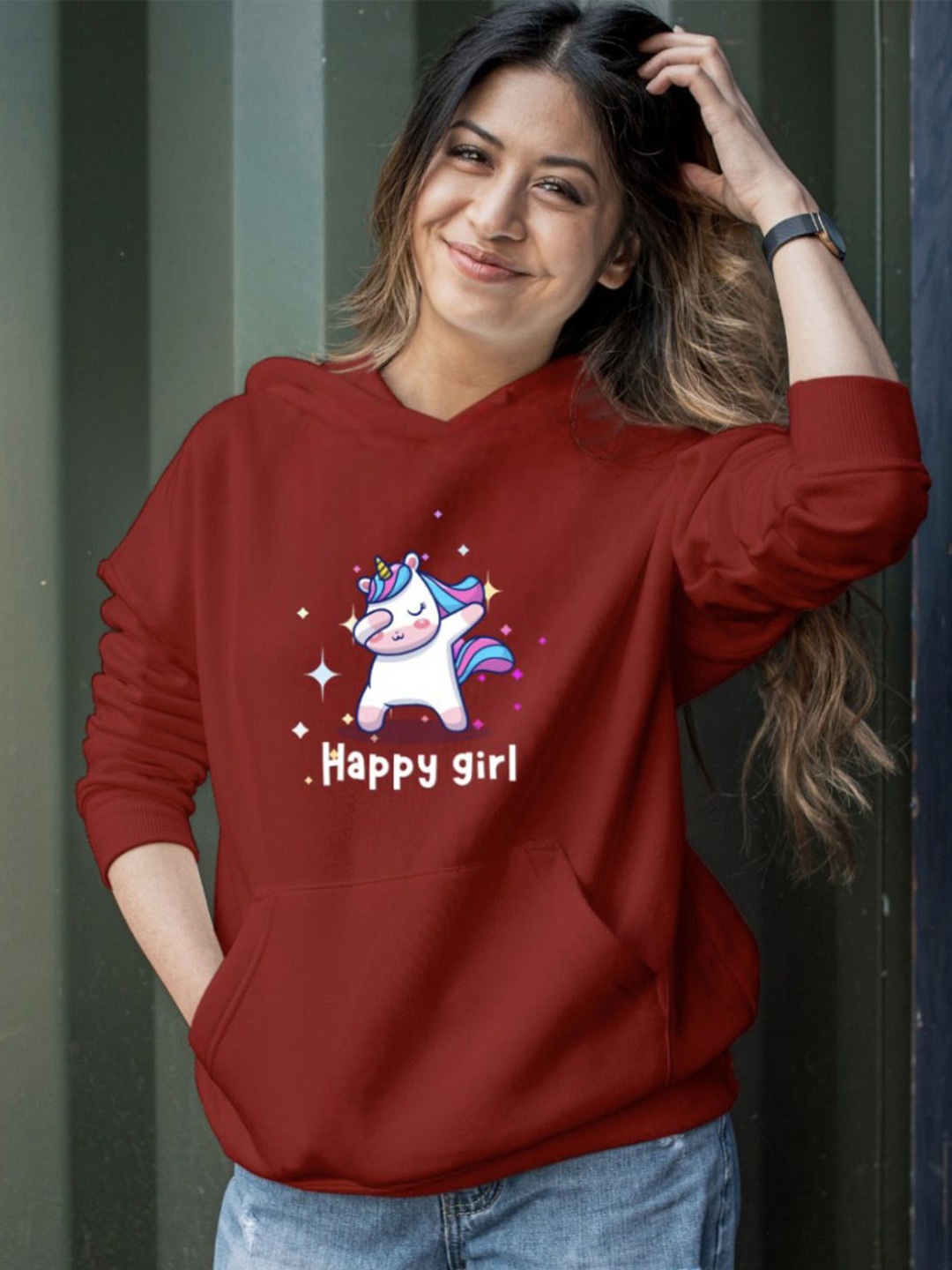 

KASHIAN Women Printed Hooded Sweatshirt, Maroon