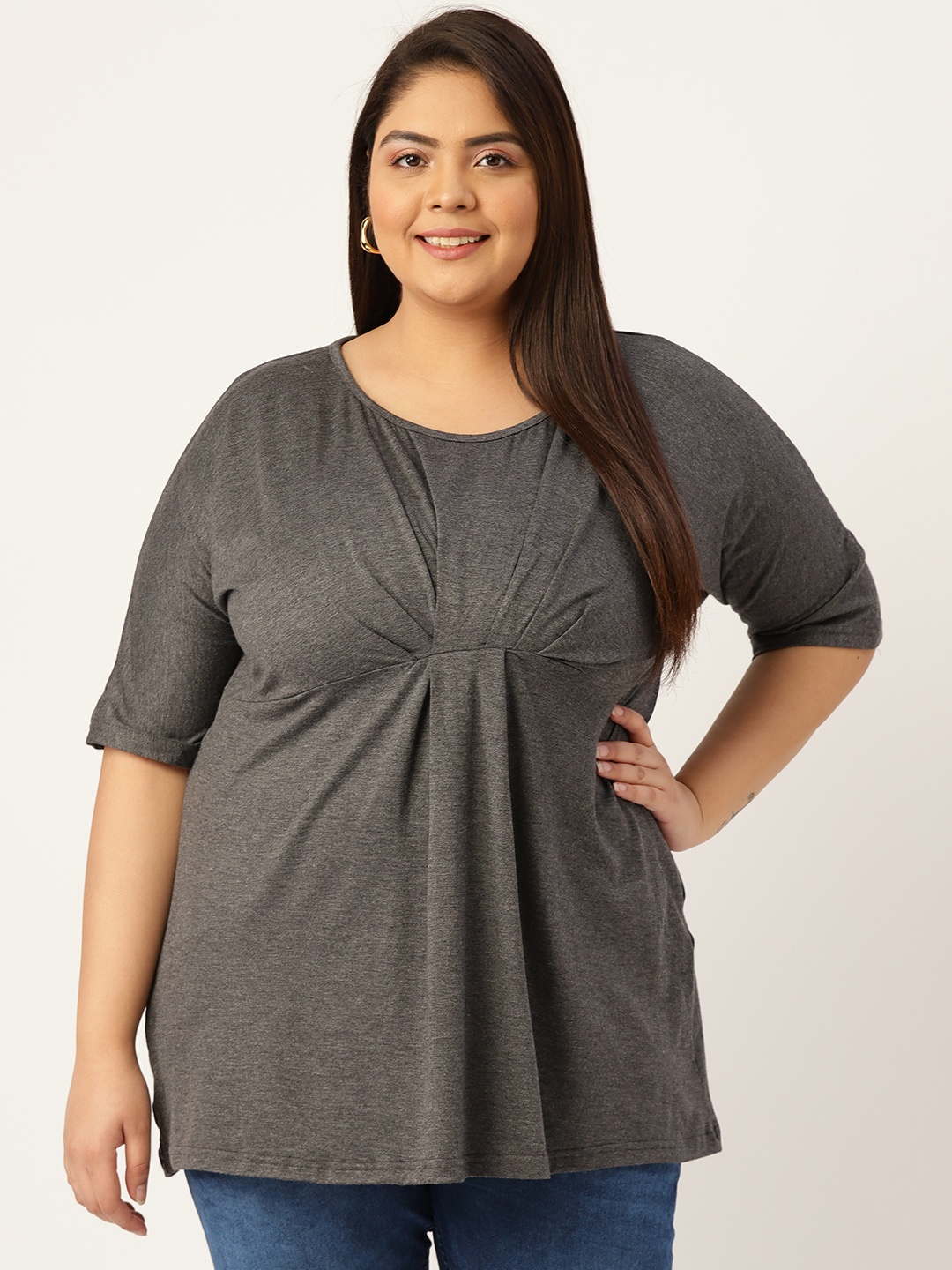 

theRebelinme Women Round Neck Plus Size Peplum Longline Top, Charcoal