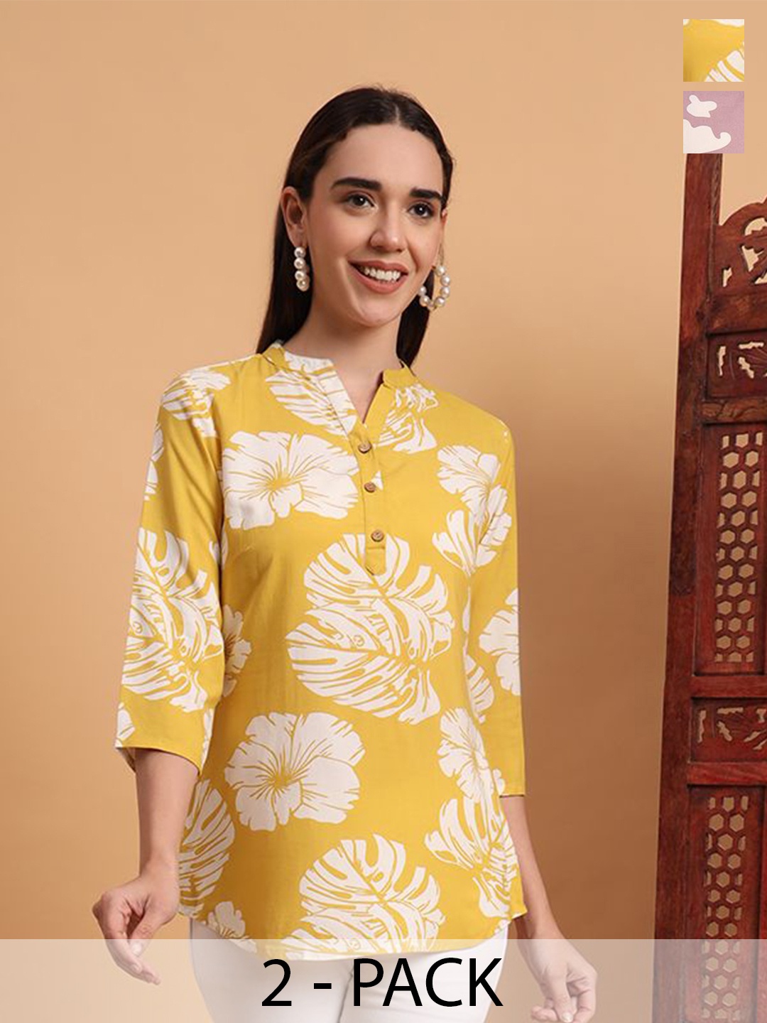 

Anouk Rustic Women Pack of 2 Floral Printed Straight Kurti, Yellow