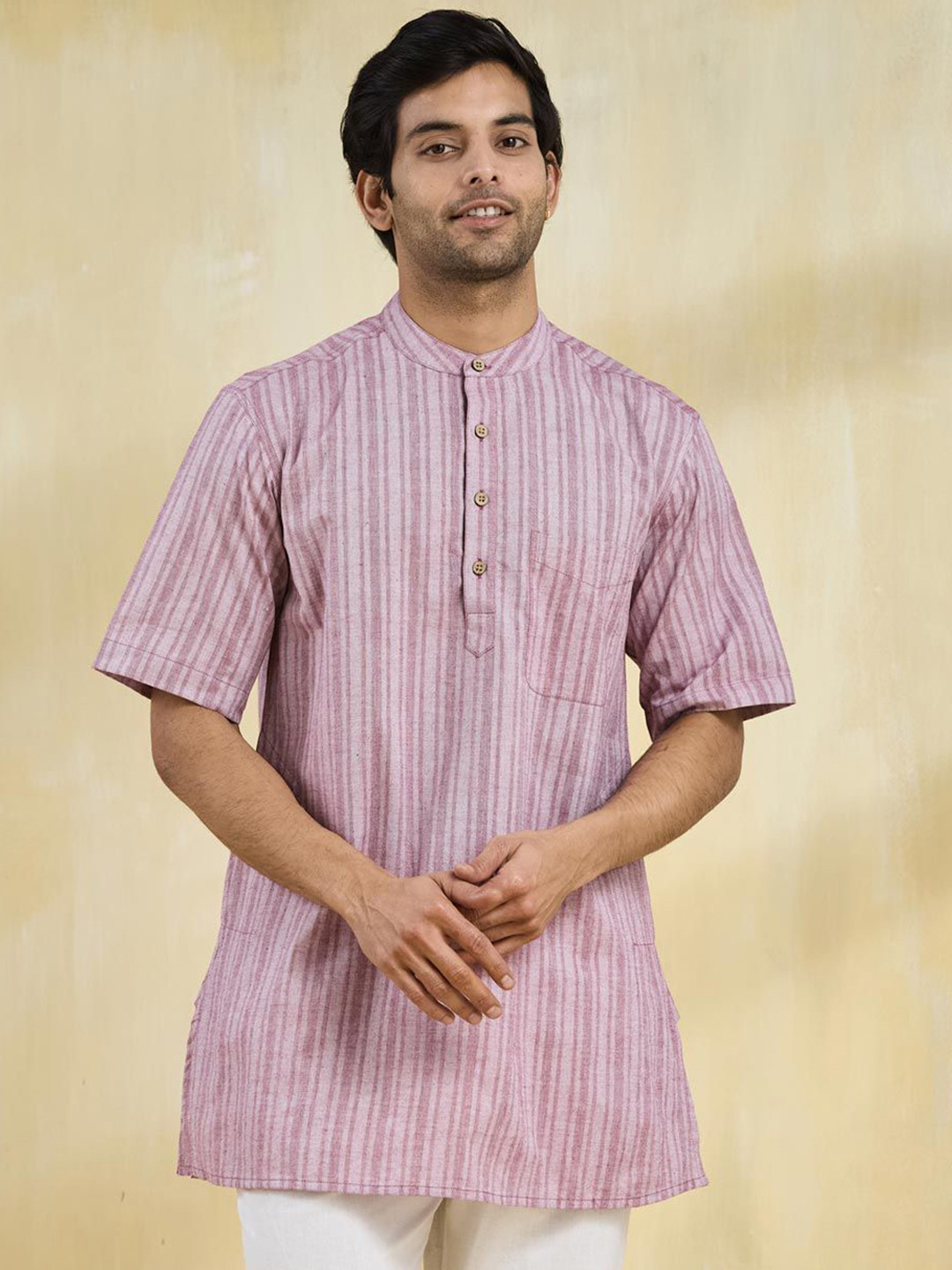 

Fabindia Woven Design Mandarin Collar Cotton Straight Short Kurta, Pink