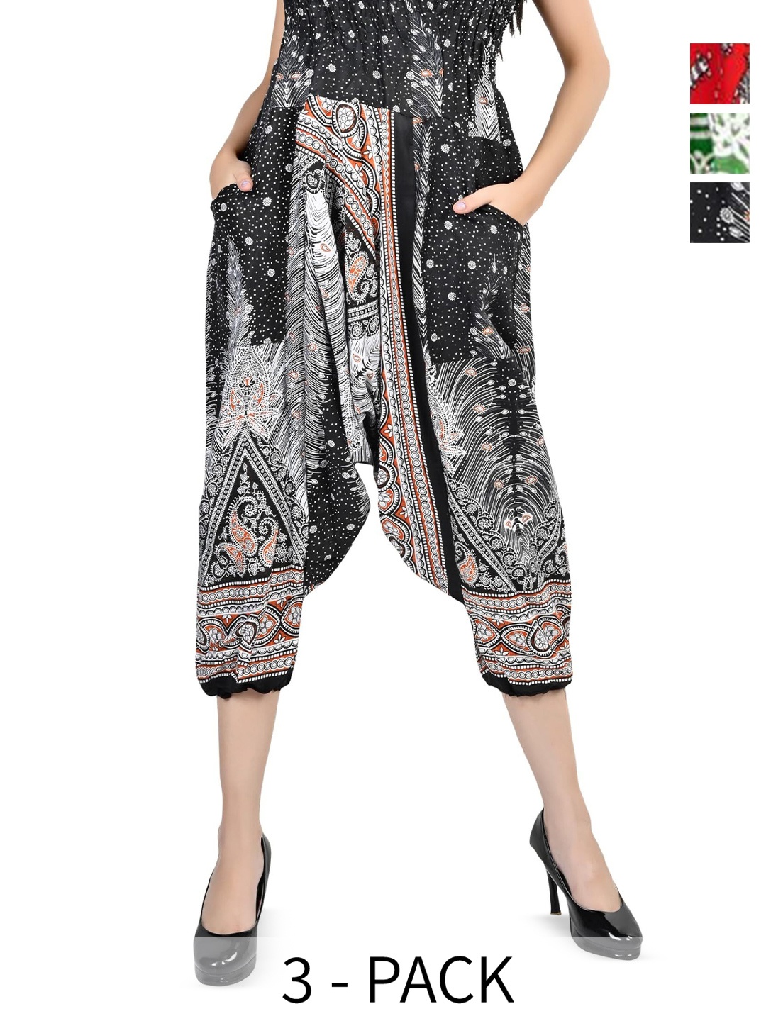 

NarNari Women Pack Of 3 Printed Mid-Rise Harem Pants, Black