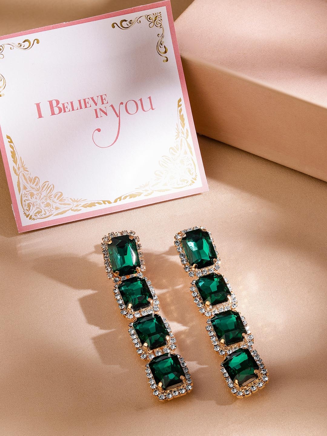 

Rubans 18K Gold-Plated Emerald & Crystals Studded Contemporary Shaped Layered Drop Earring