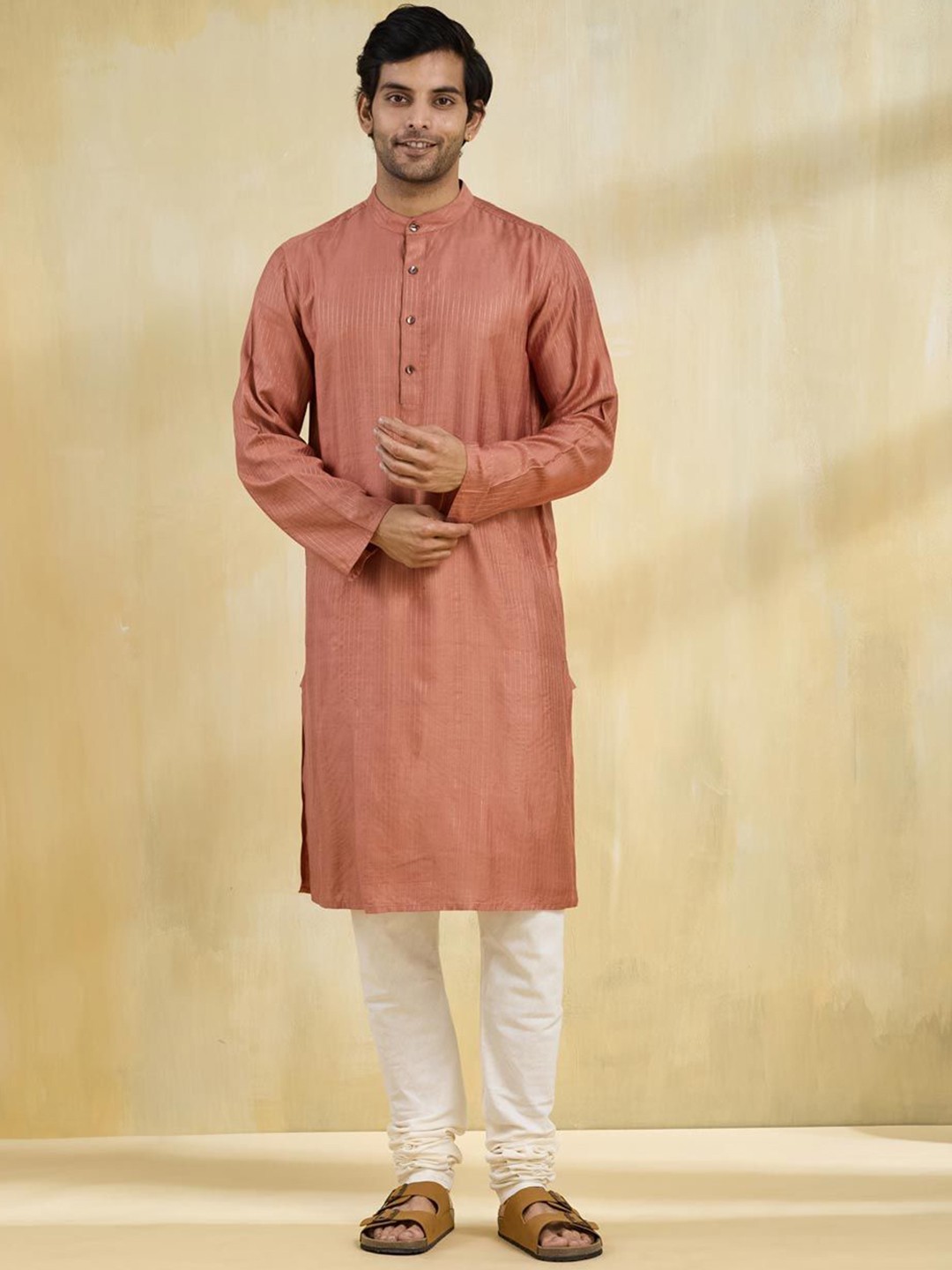 

Fabindia Men Striped Band Collar Straight Kurta, Pink