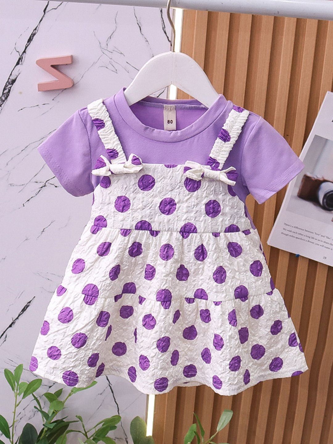 

YK Girls Polka Dot Printed Tiered Shoulder Straps Cotton Fit & Flare Summer Dress, White