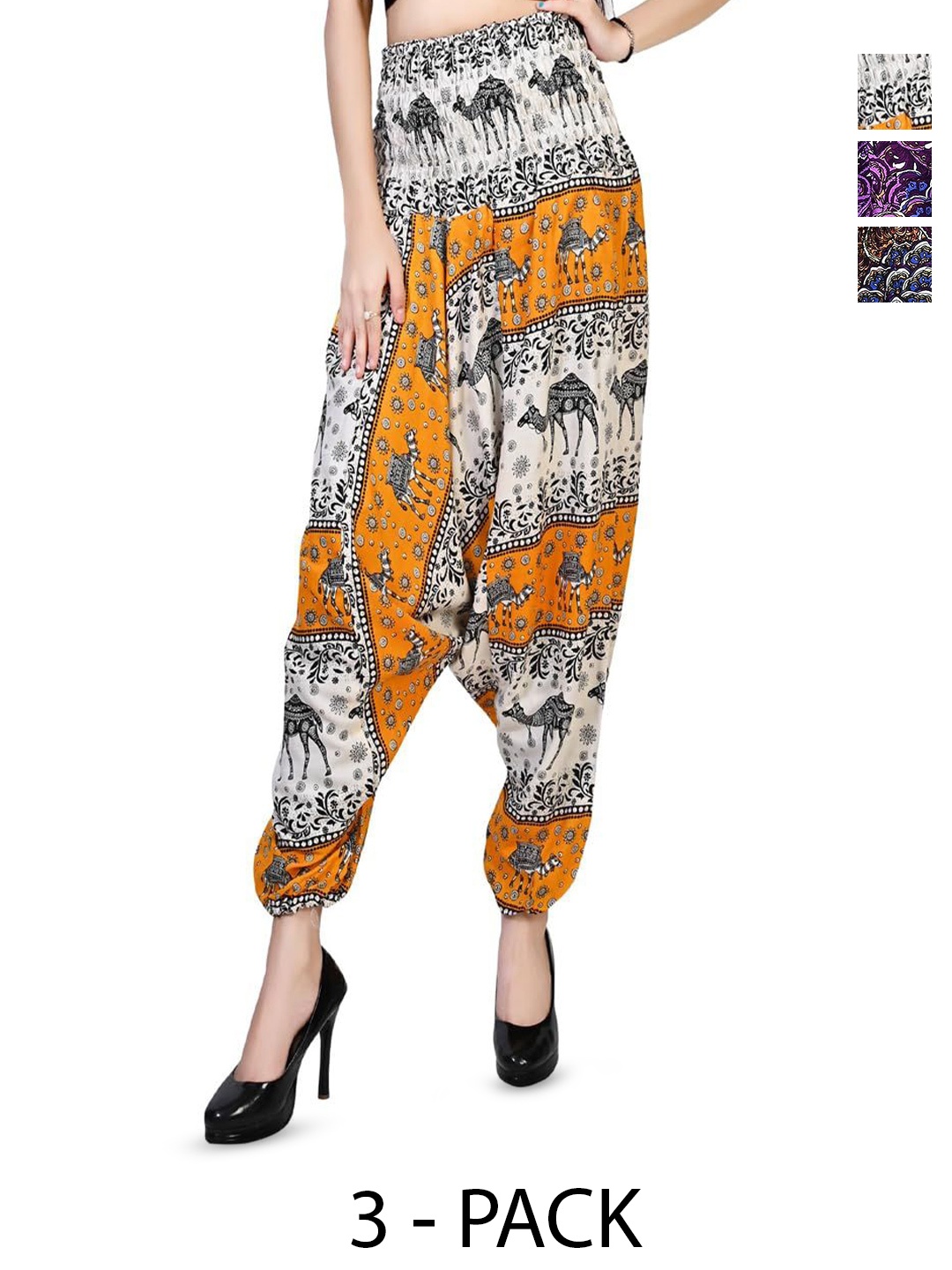 

NarNari Women Pack Of 3 Printed High-Rise Harem Pants, Yellow