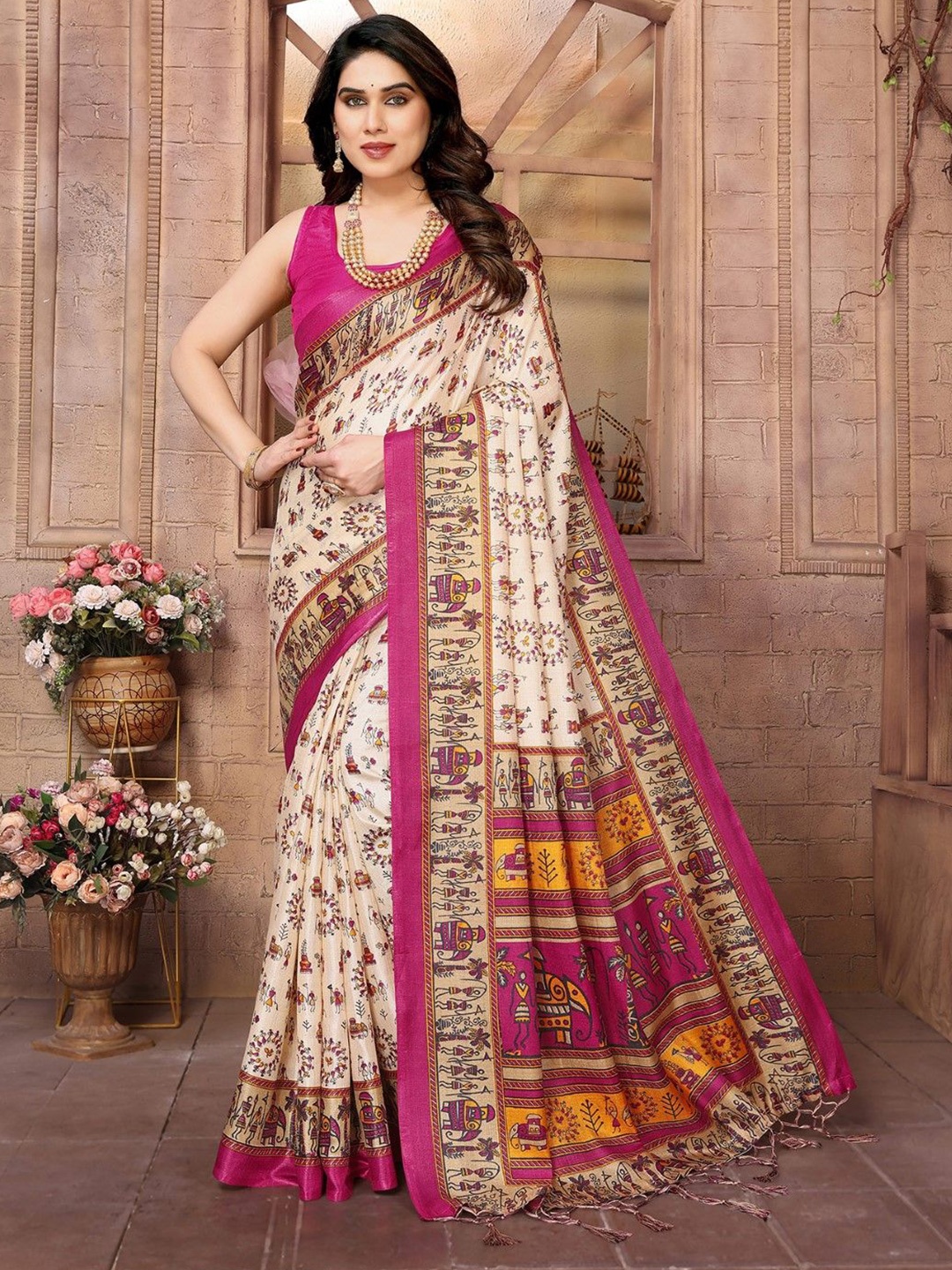 

KALINI Ethnic Motifs Saree, Beige