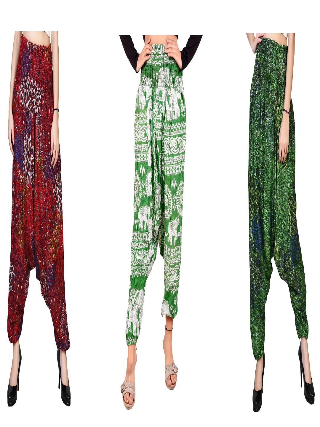 

NarNari Women Pack Of 3 Printed Mid-Rise Harem Pants, Green