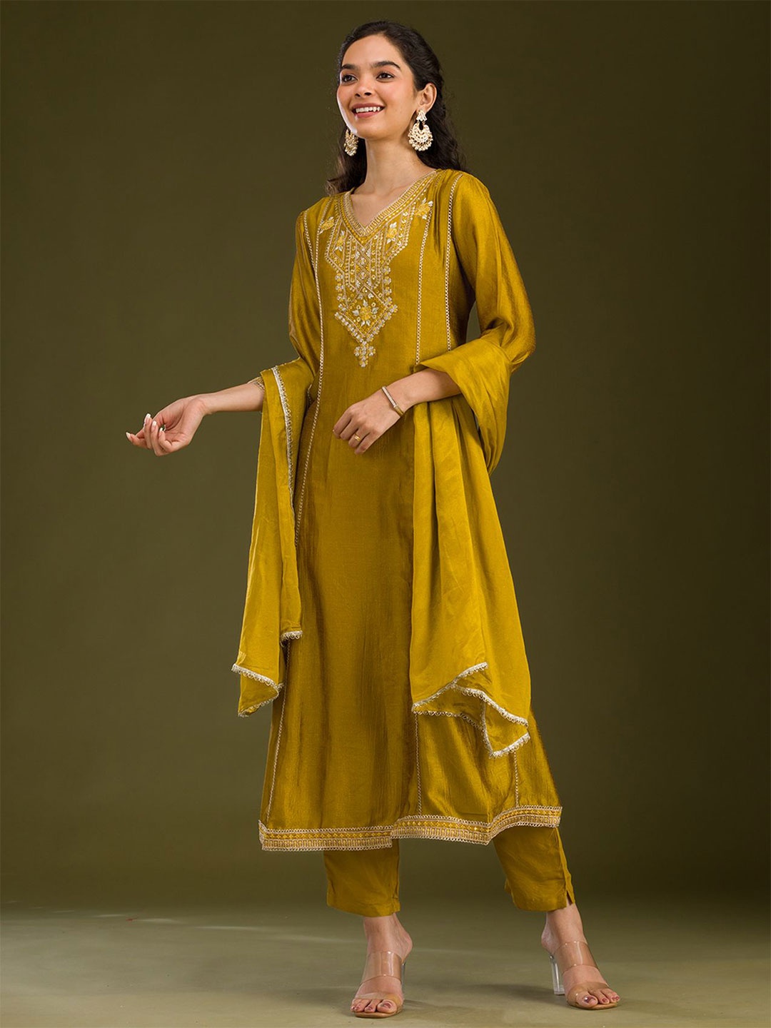 

Koskii Women Floral Yoke Design Regular Thread Work Raw Silk Kurta with Trousers & With Dupatta, Mustard