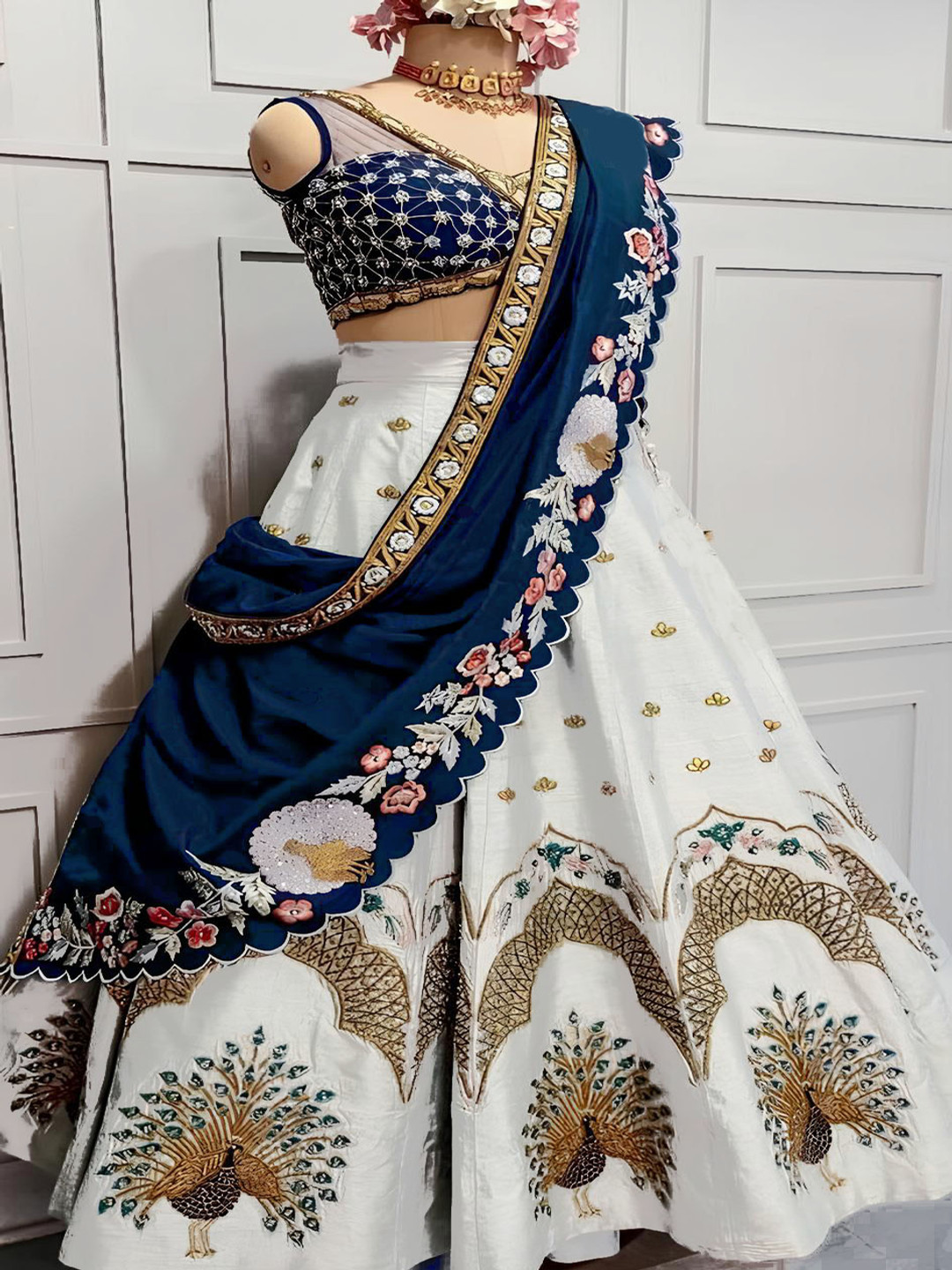 

MADHUR HAND WORK ART Embroidered Thread Work Semi-Stitched Lehenga & Unstitched Blouse With Dupatta, White