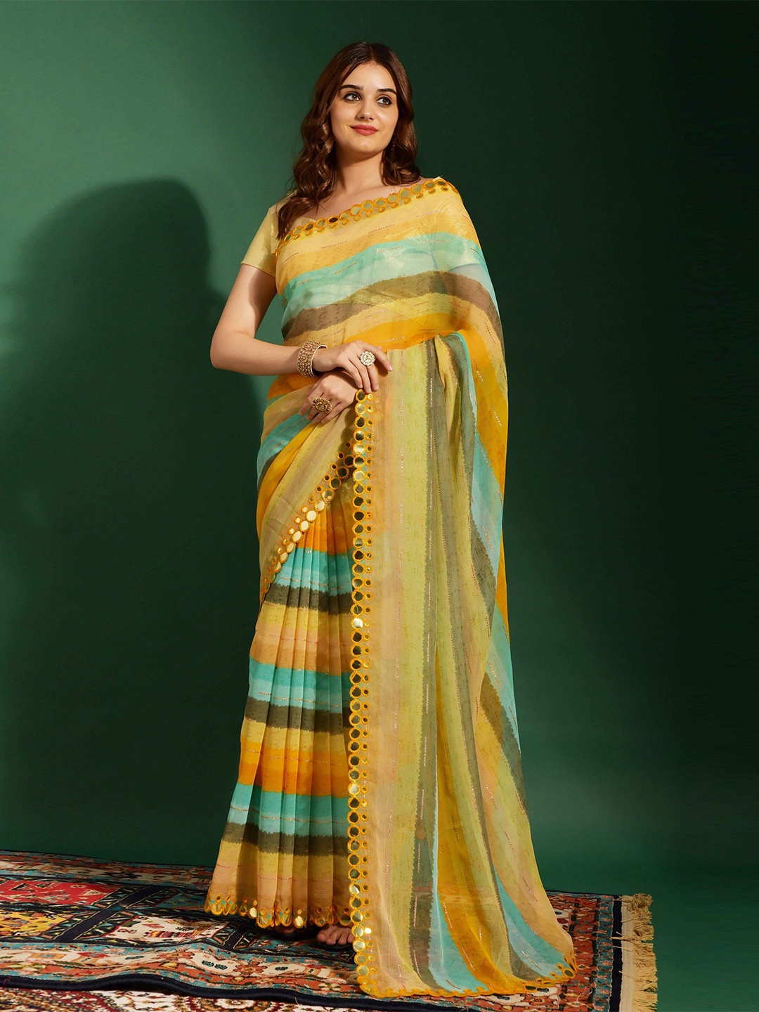 

Moda Rapido Striped Mirror Work Pure Georgette Leheriya Saree, Yellow