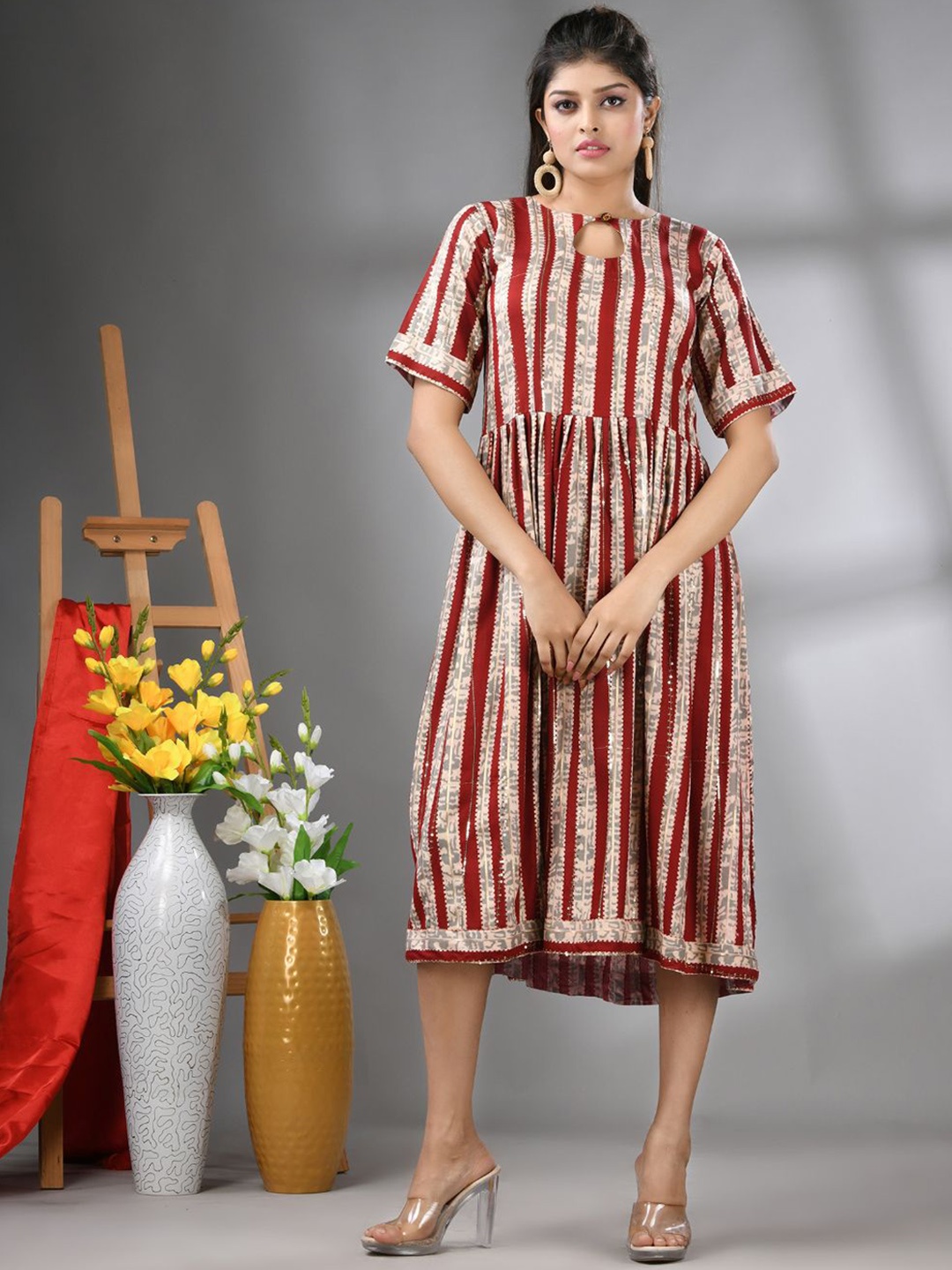 

Charukriti Striped Midi Ethnic Dress With Sequence Work, Red