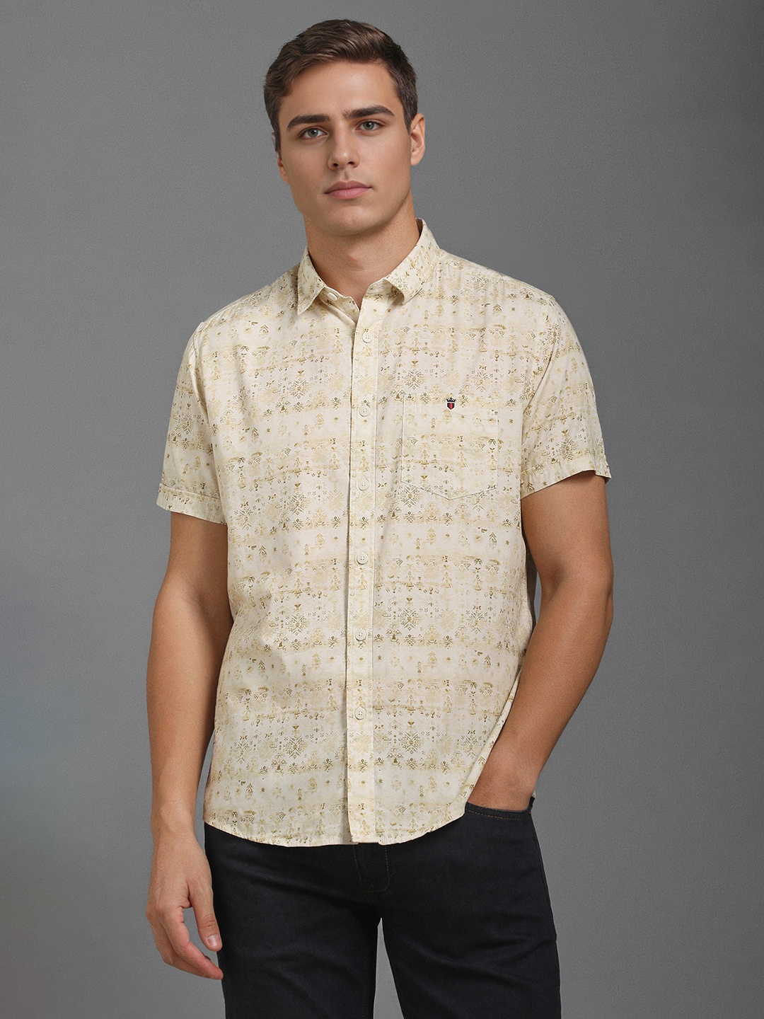 

Louis Philippe Jeans Men Spread Collar Abstract Printed Cotton Casual Shirt, Cream