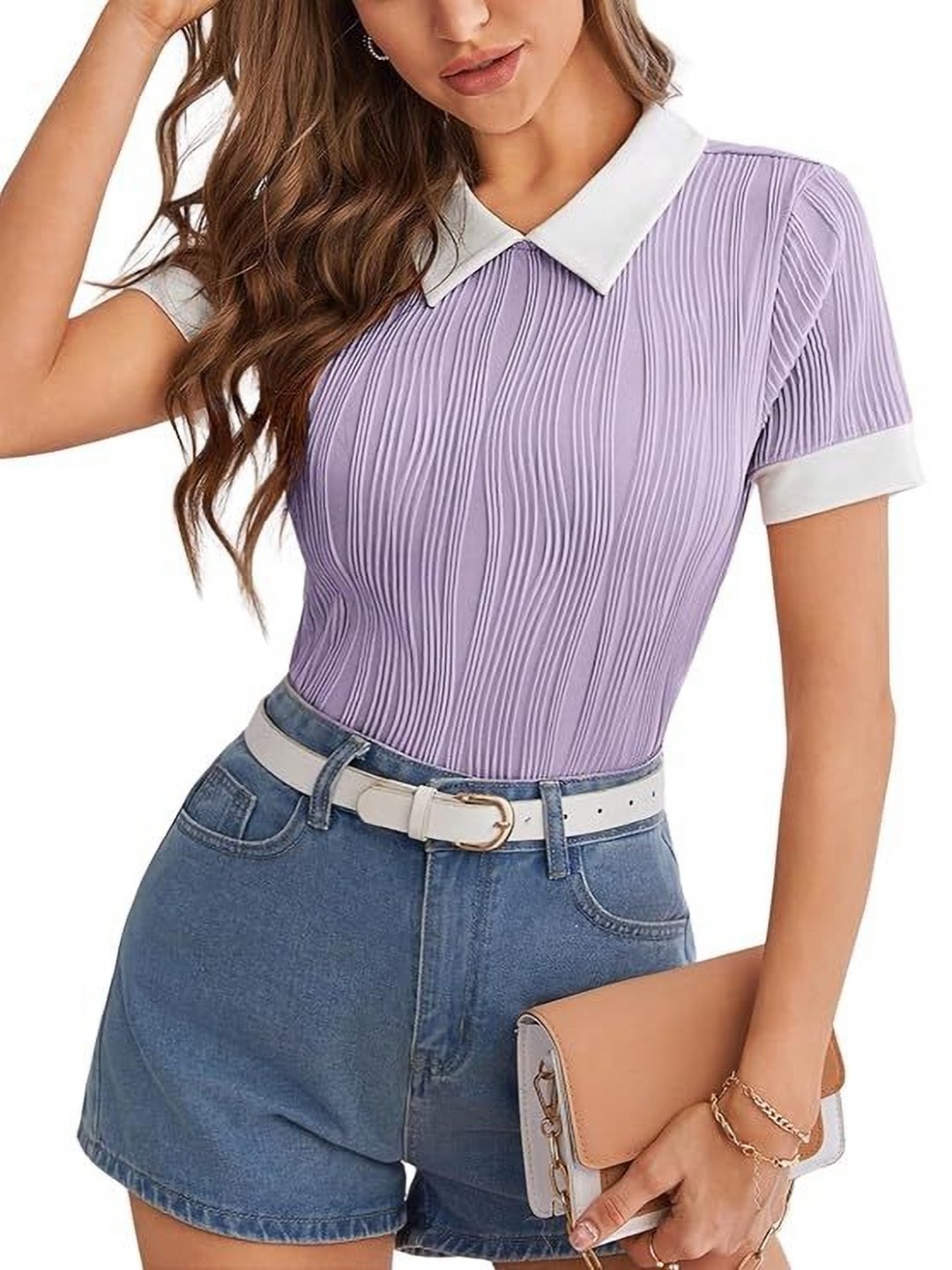 

KASHIAN Women Self Design Polo Collar Cotton T-shirt, Purple