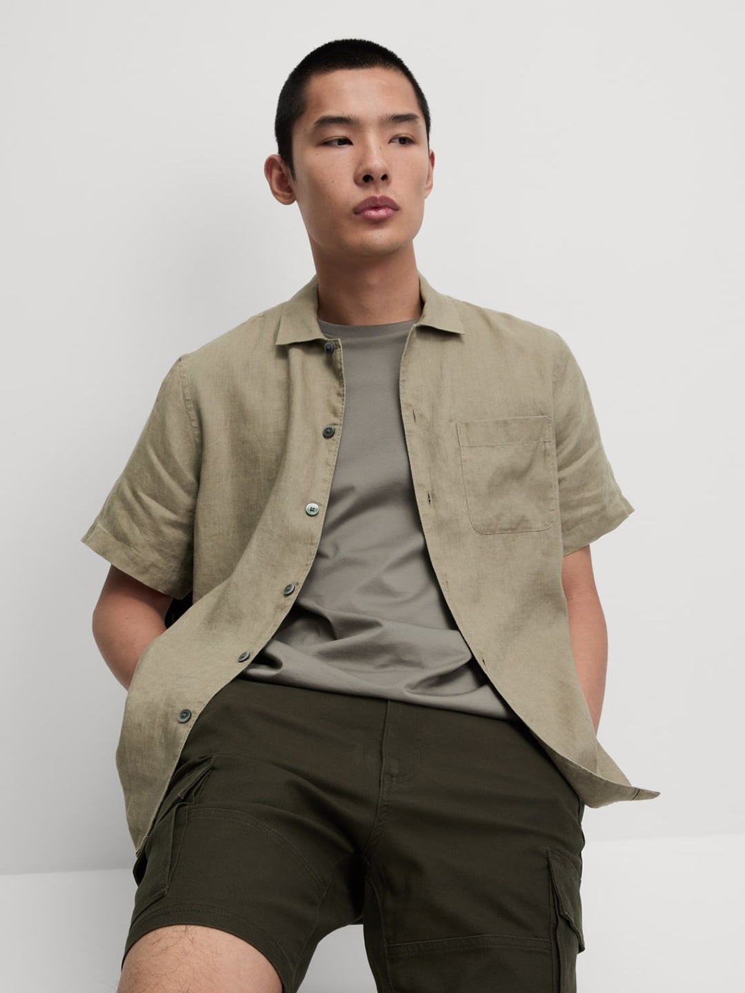 

Marks & Spencer Men Relaxed Fit Spread Collar Solid Linen Casual Shirt, Brown