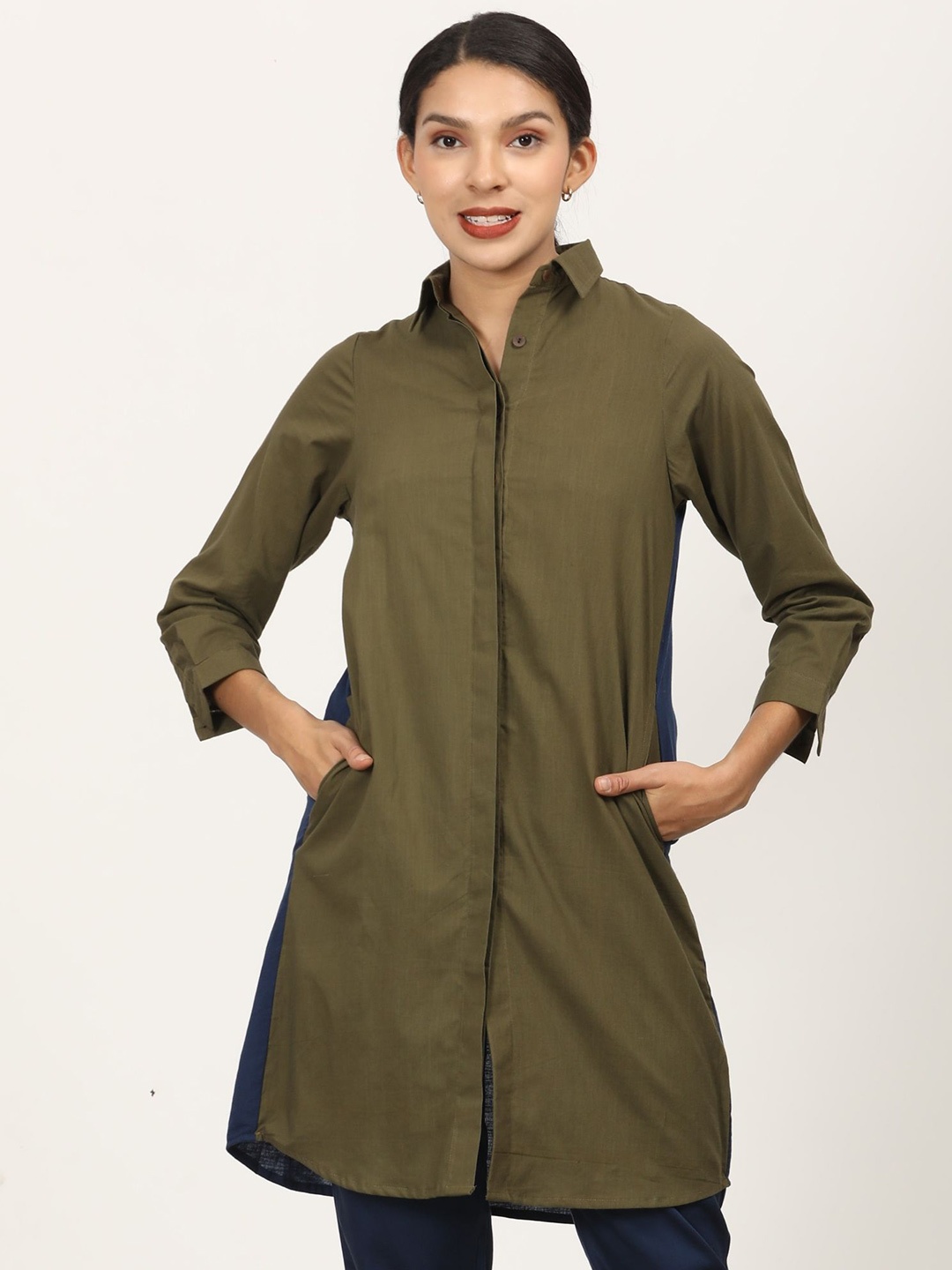 

Saltpetre Women Colourblocked Small Collar Formal Cotton Shirt Dress, Olive