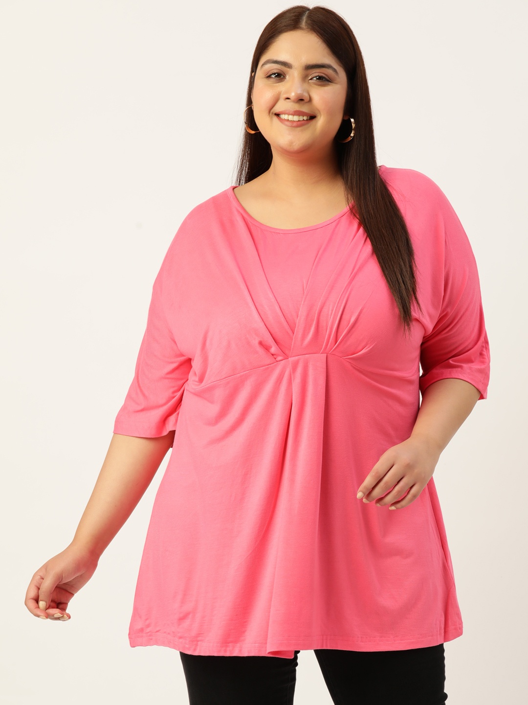 

theRebelinme Plus Size Round Neck Pleated Longline Top, Pink