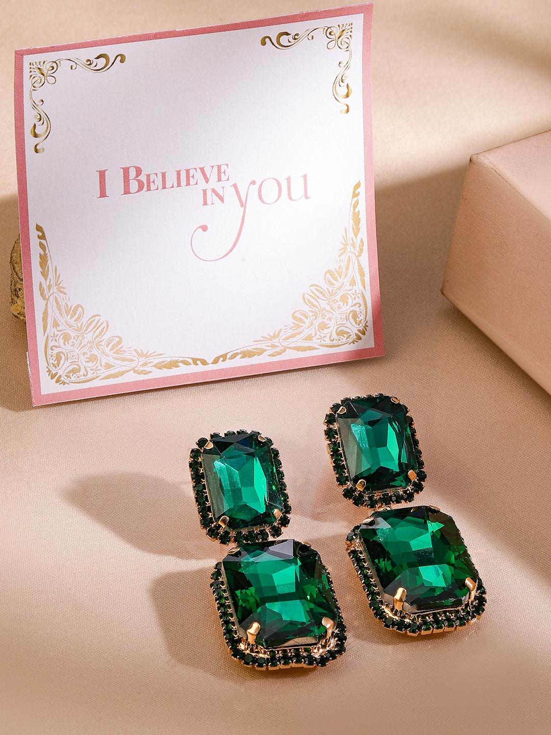 

Rubans Valentine 18K Gold-Plated Crystals Stone Studded Square Shaped Studs, Green