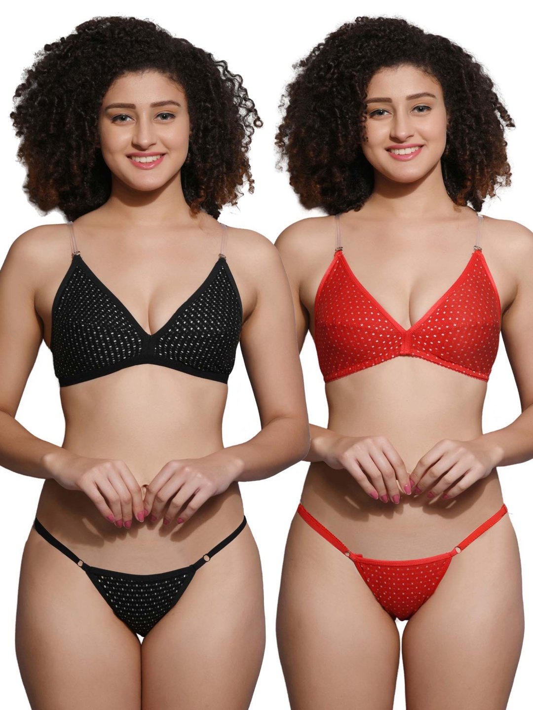 

chia fashions Pack Of 2 Polka Dot Printed Lingerie Set, Black