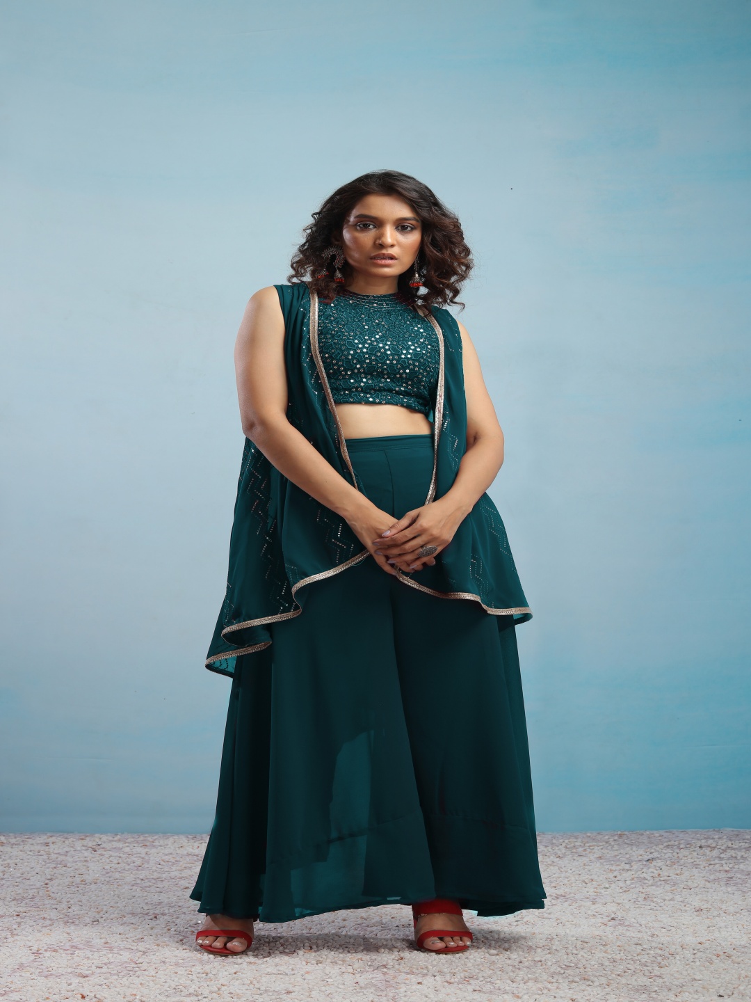

SANCIA Geometric Embroidered Halter Neck Sequinned Crop Top With Palazzos & Dupatta, Teal