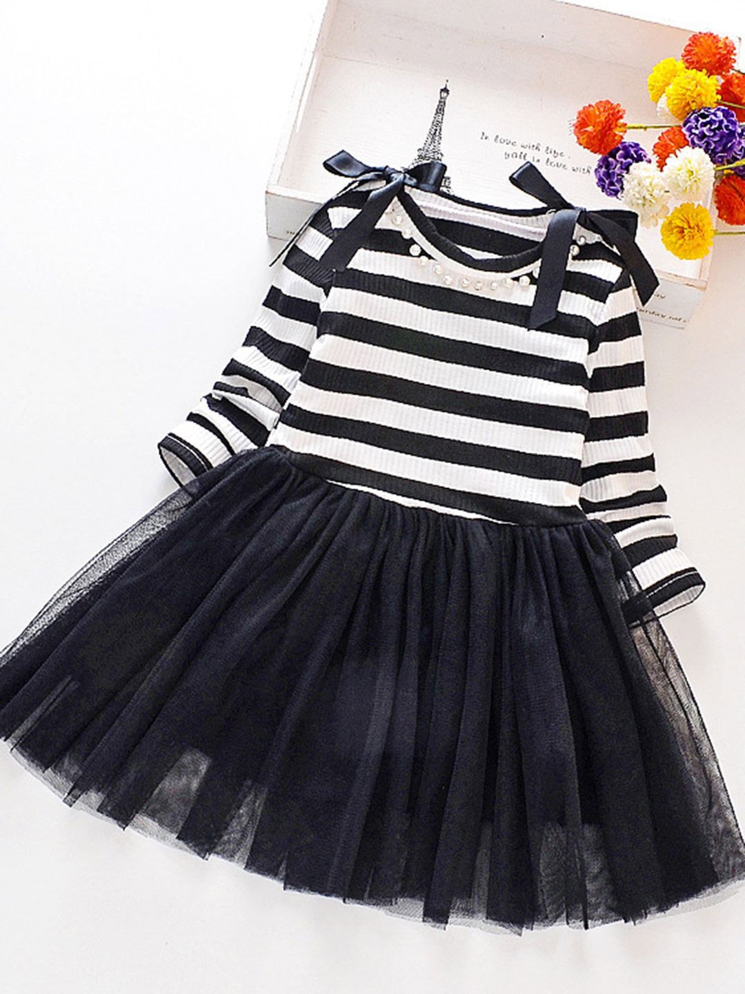 

YK Girls Striped Fit & Flare Dress, Black