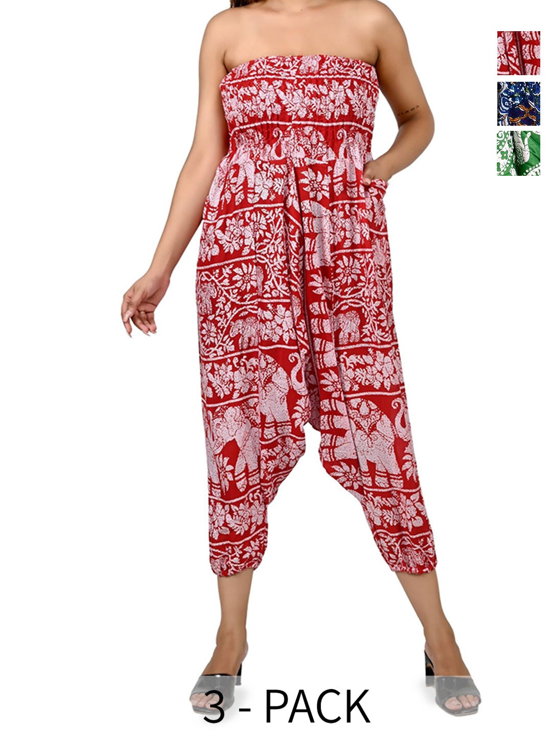 

NarNari Women Pack Of 3 Ethnic Motifs Printed Mid-Rise Harem Pants, Blue