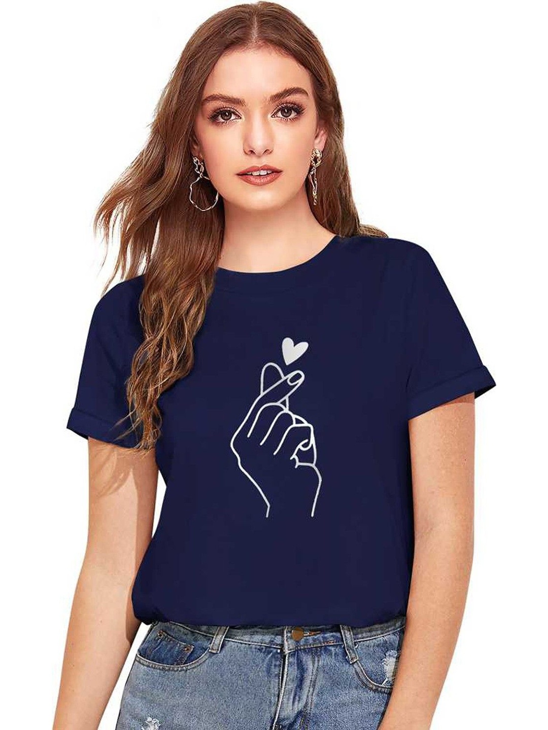 

DEEPMAYRA COLLECTION Women Graphic Printed Round Neck Cotton T-shirt, Navy blue