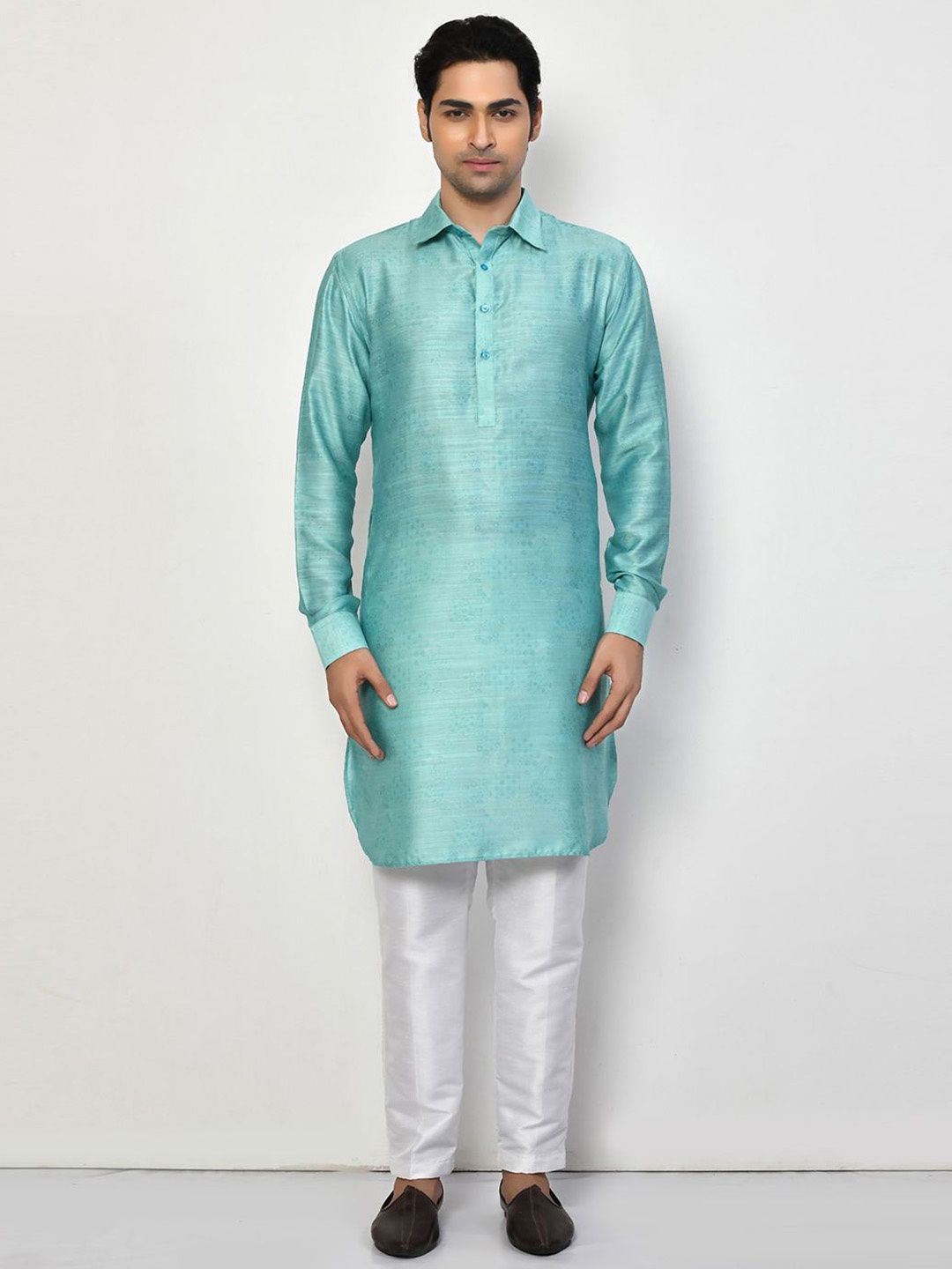 

Arihant Rai Sinha Geometric Woven Design Shirt Collar Straight Kurta With Churidar, Blue