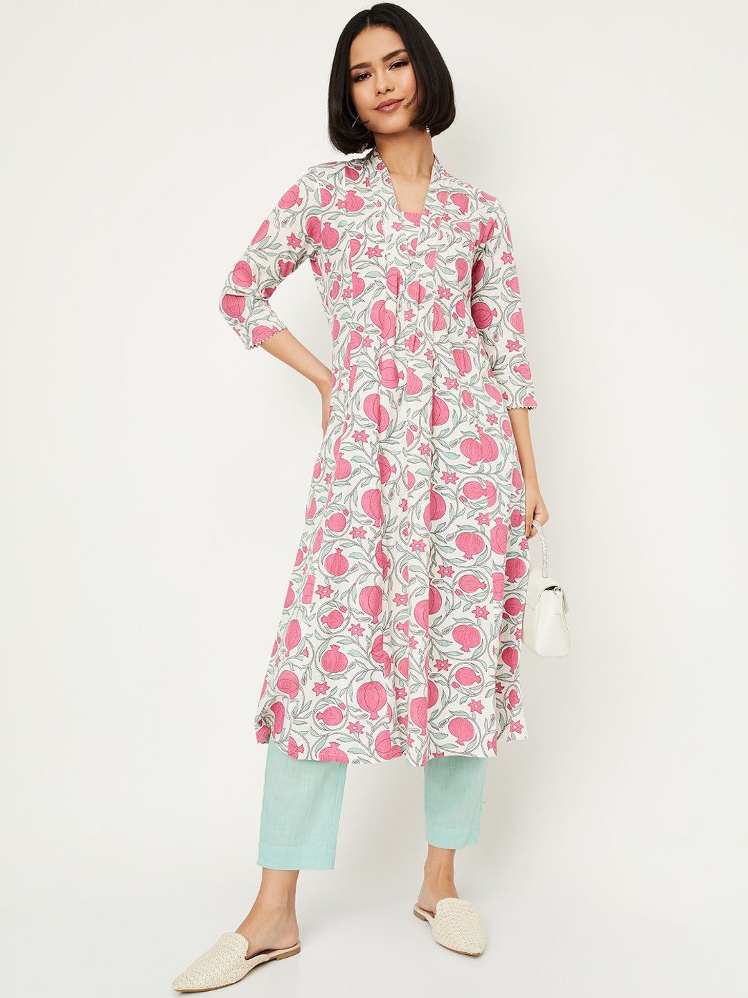 

max Floral Printed Pleated Kurta With Trousers, Beige