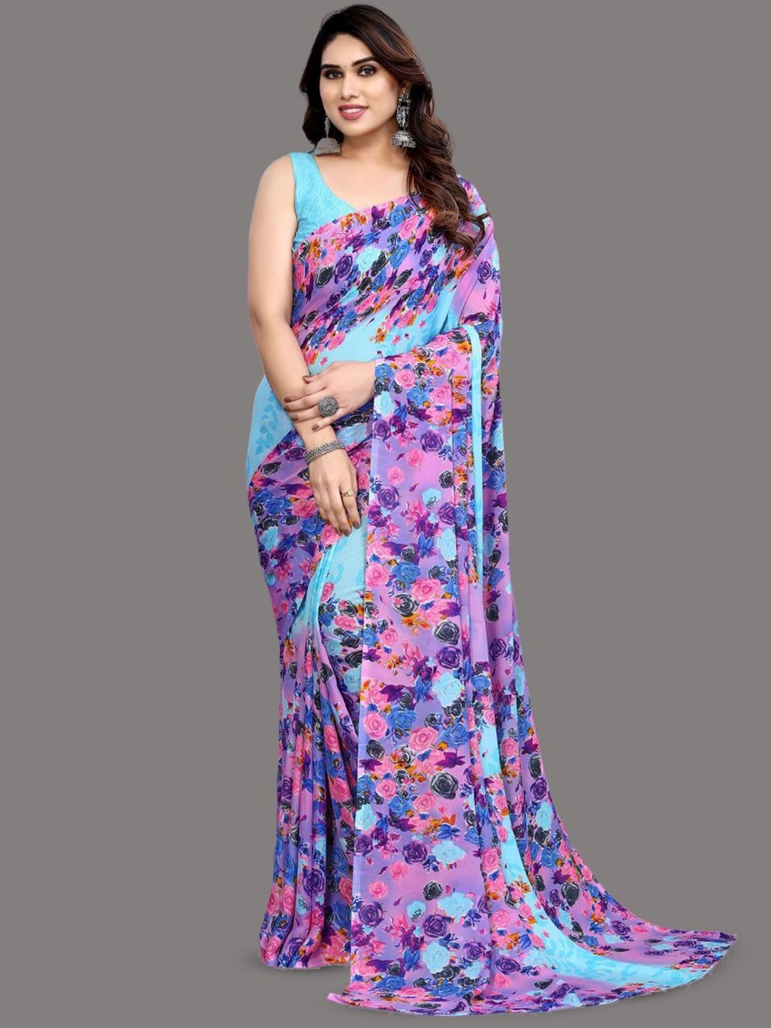 

HERE&NOW Floral Poly Georgette Saree, Blue