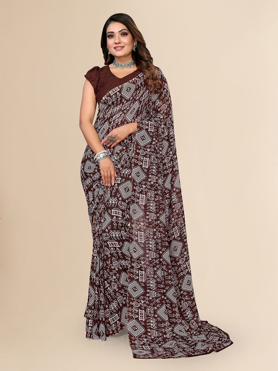 

Moda Rapido Warli Poly Georgette Saree, Brown