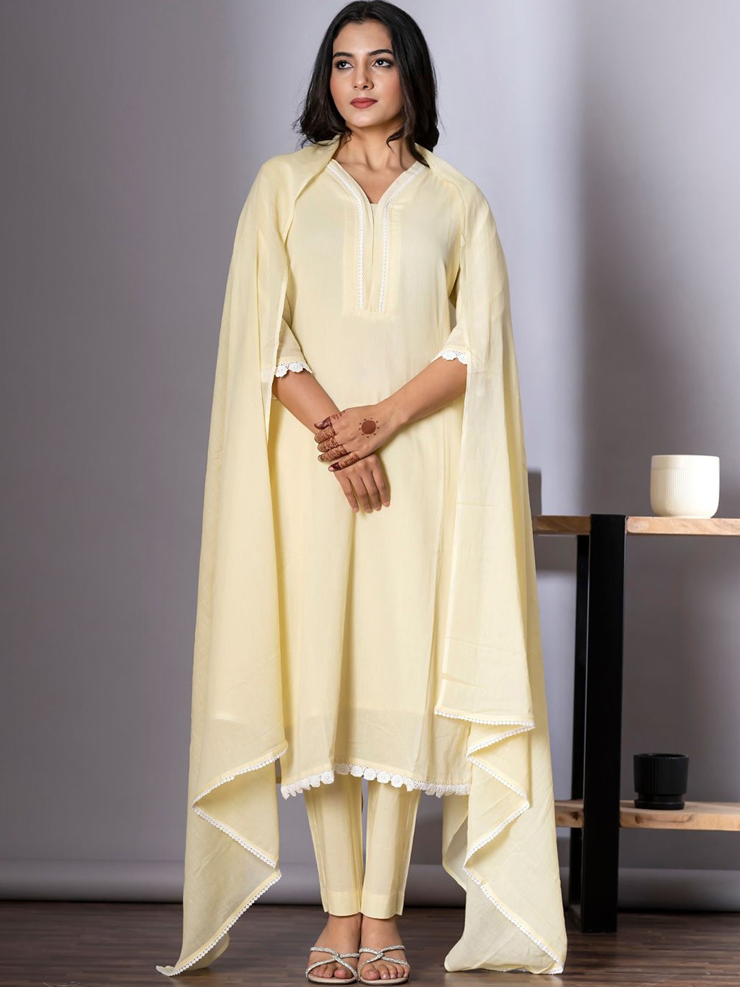 

Readiprint V-Neck Pure Cotton Straight Kurta With Palazzos And Dupatta, Yellow