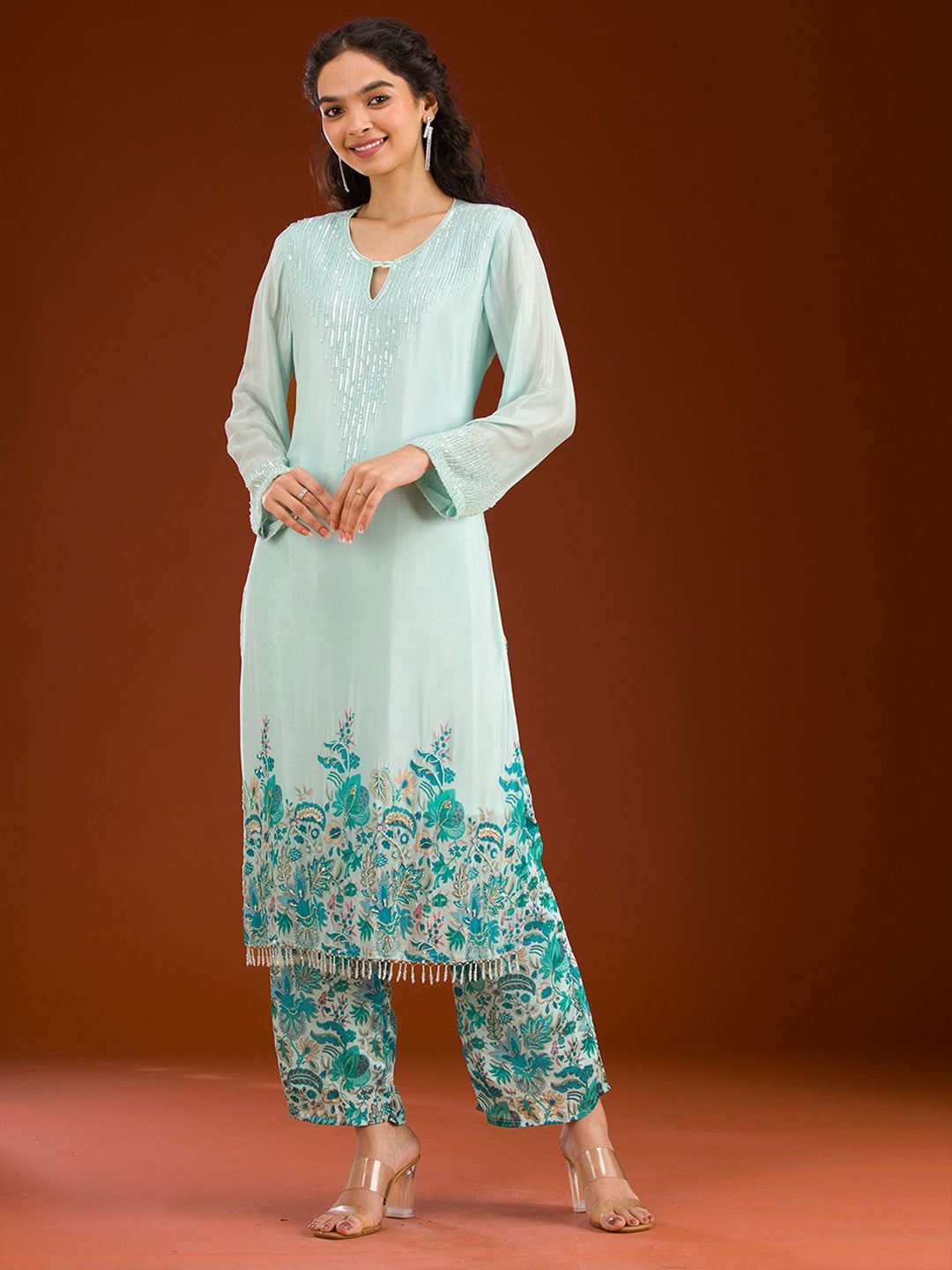 

Koskii Women Yoke Design Regular Beads and Stones Kurta with Trousers & With Dupatta, Blue