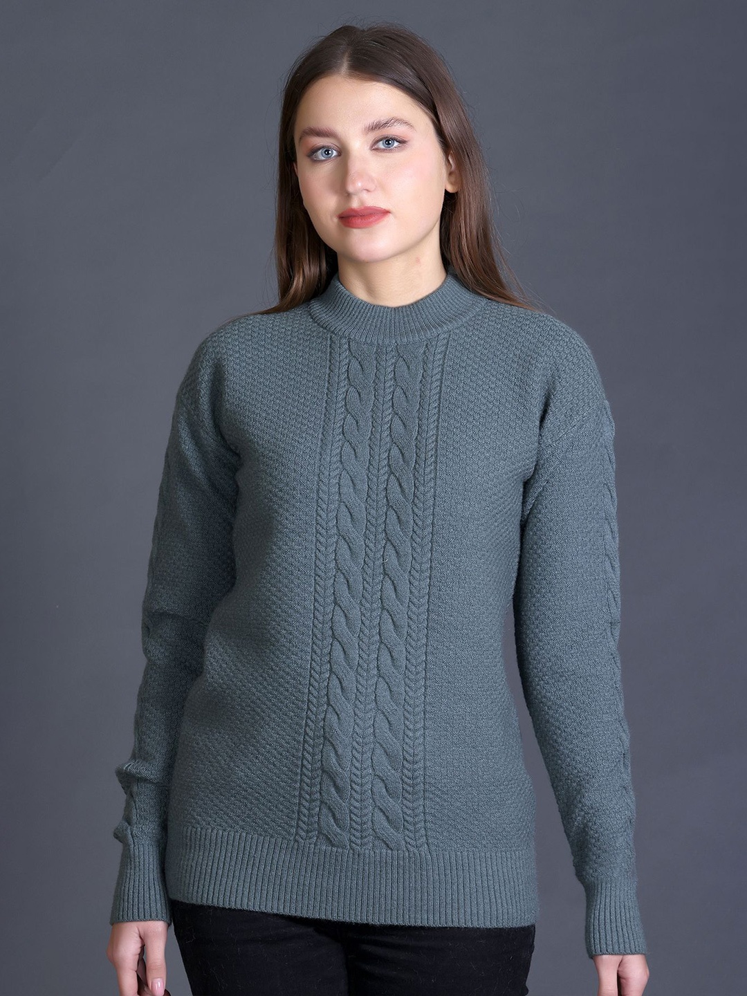 

GODFREY Women Self Design Cable Knit Woollen Pullover Sweater, Green