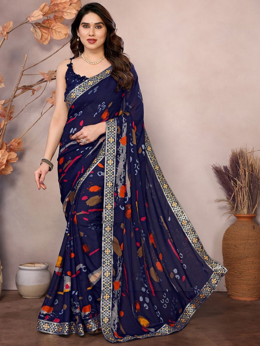 

KALINI Poly Georgette Bandhani Saree, Navy blue