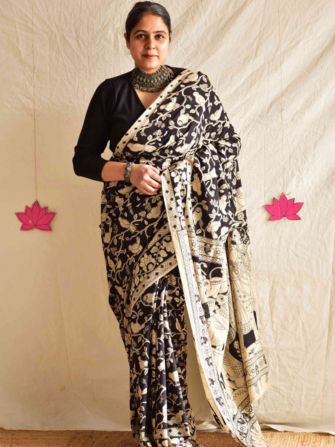 

Sundarii Kalamkari Pure Cotton Saree, Black
