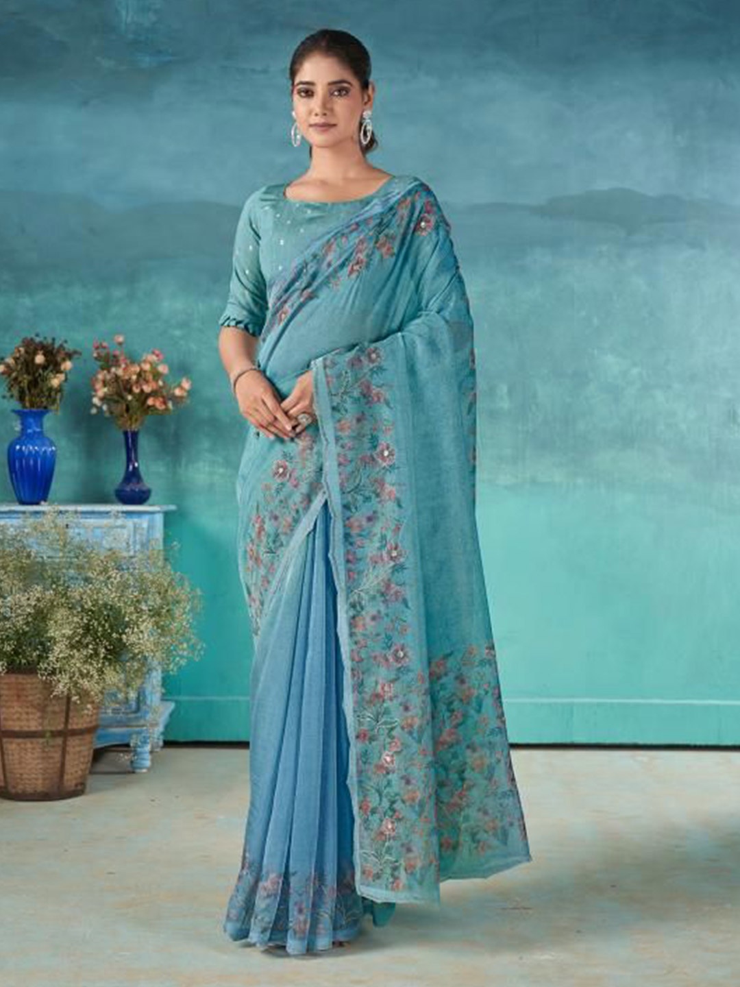 

Ethnielle Floral Printed Tissue Saree With Beads and Stones, Turquoise blue