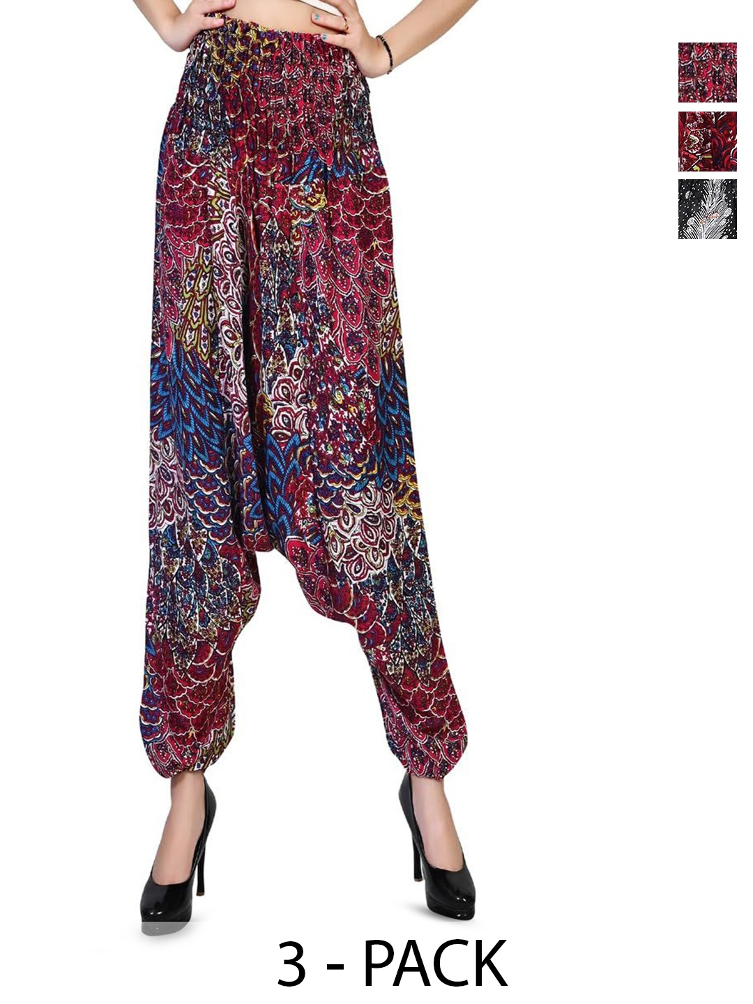 

NarNari Women Pack Of 3 Printed Harem Pants, Maroon