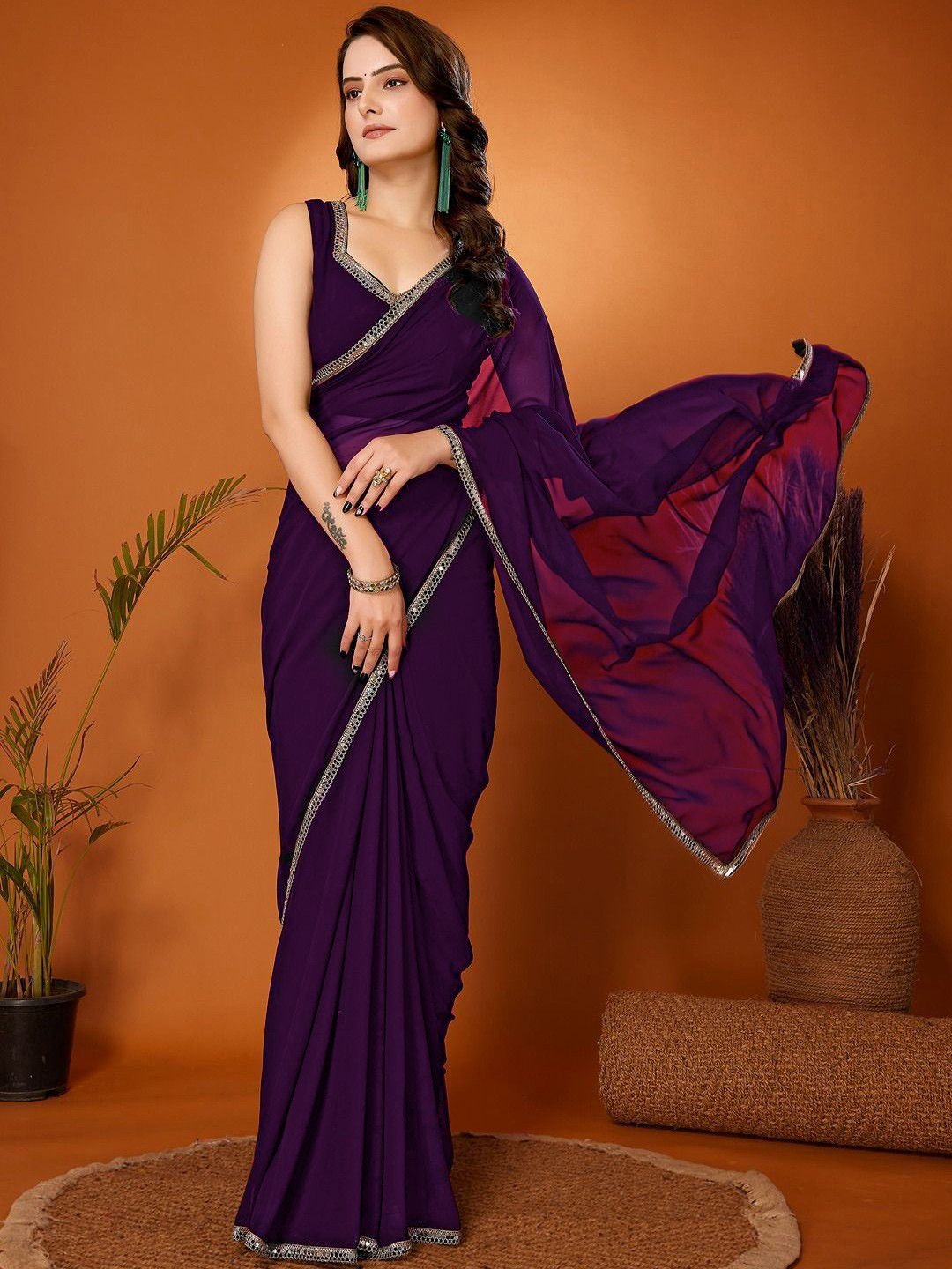 

Mitera Embellished Embroidered Saree, Purple