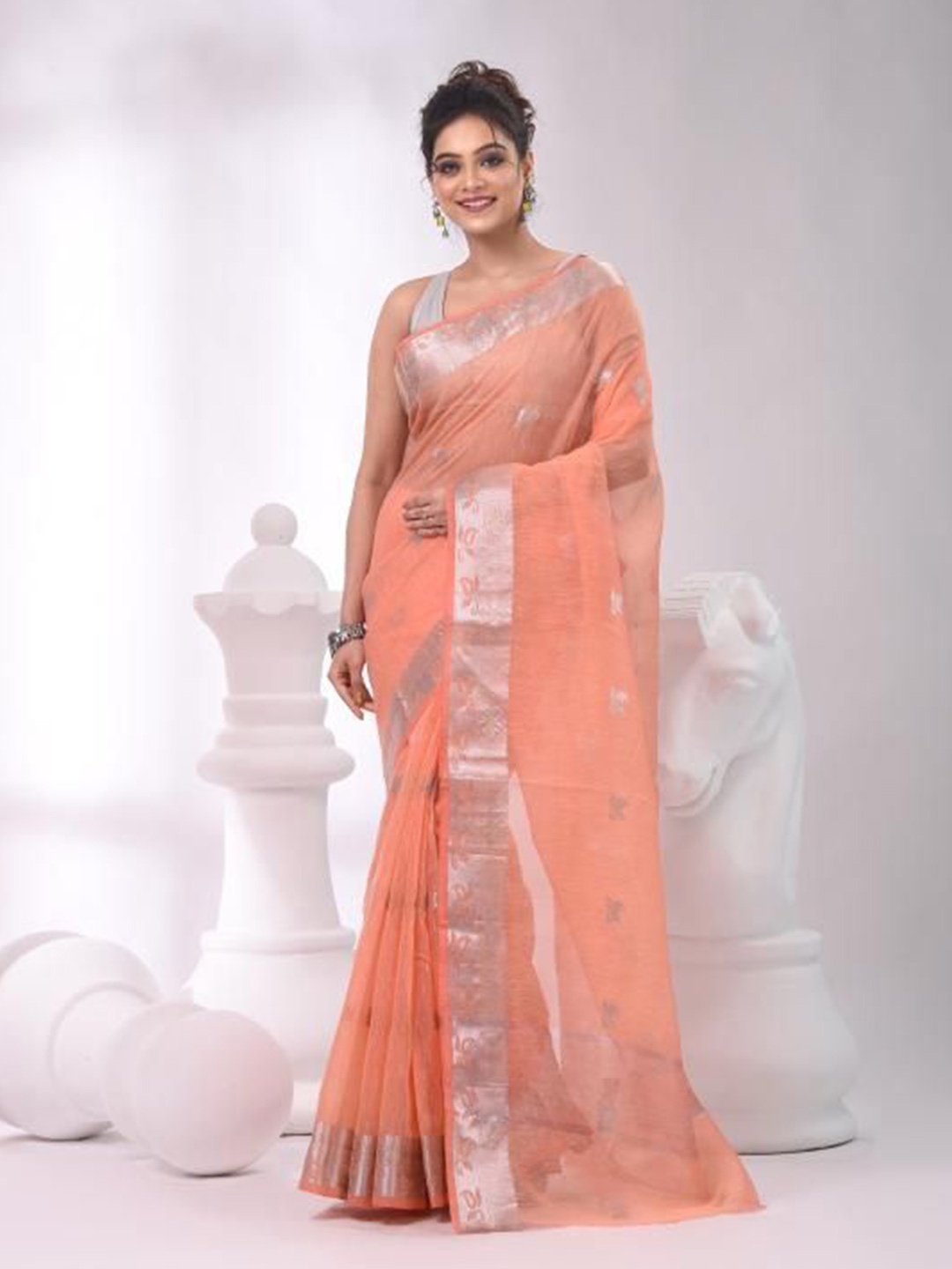 

VIBHAVARI Woven Design Zari Silk Cotton Saree, Orange