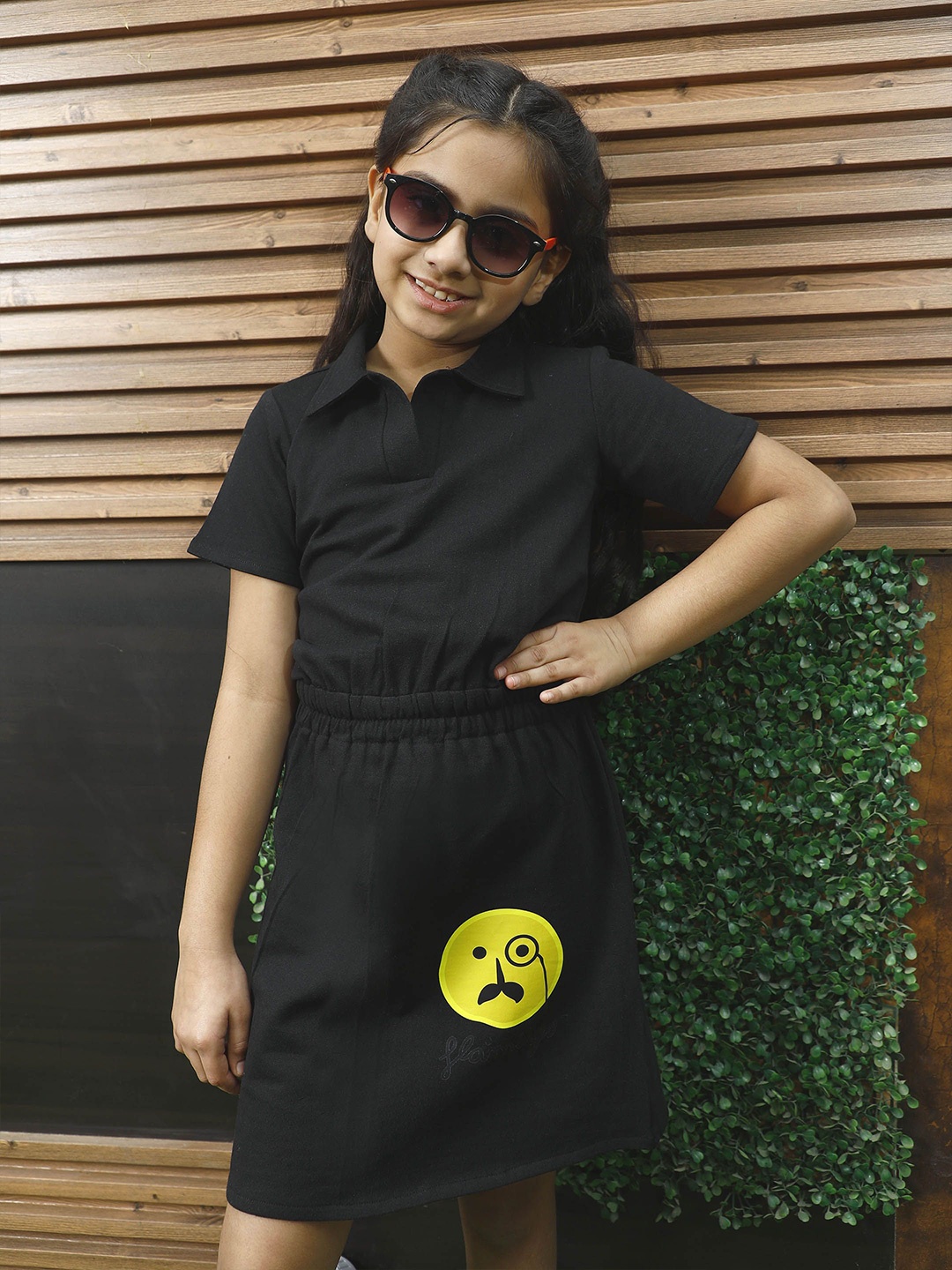 

Athena Girl Printed Shirt Collar Cotton Blouson Dress, Black