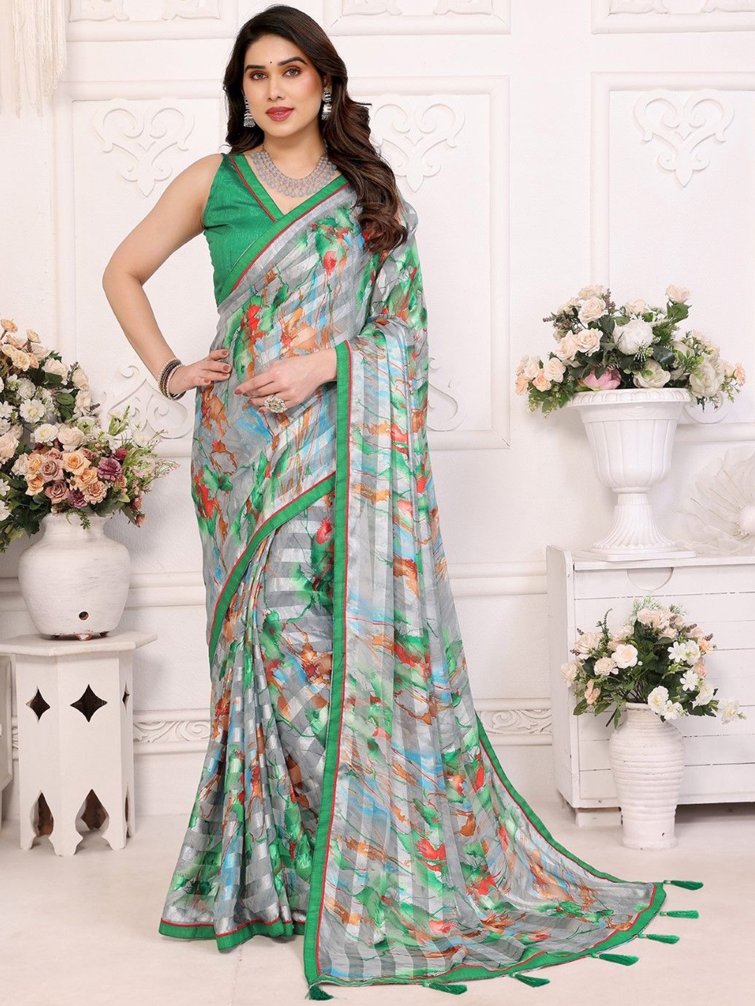 

KALINI Printed Satin Saree, Green