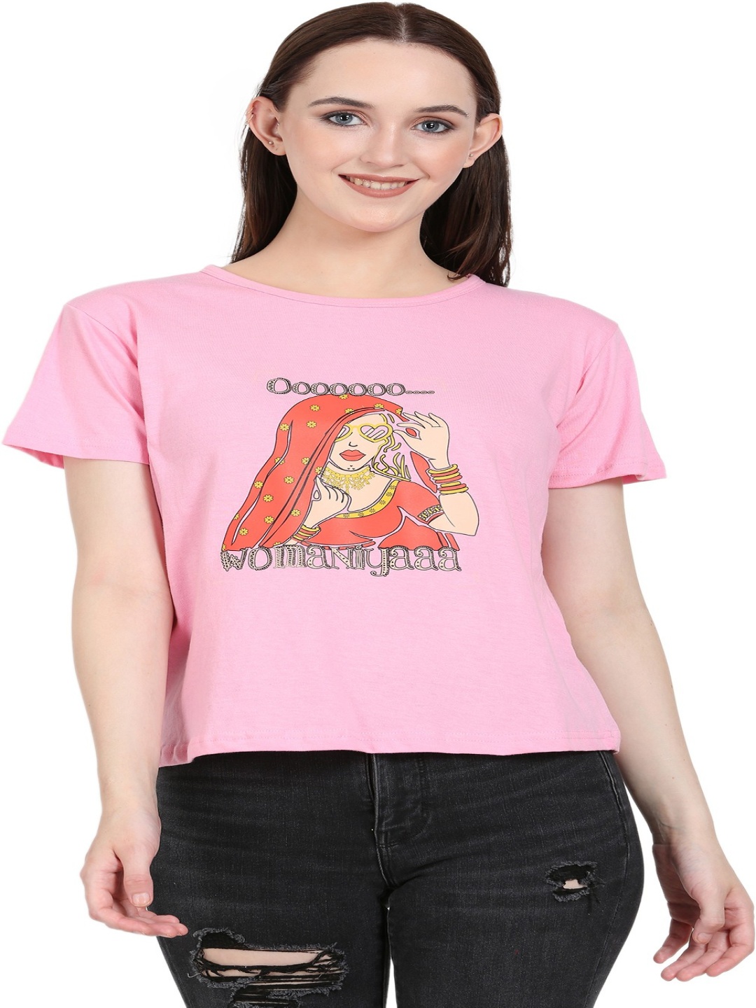

DEEPMAYRA COLLECTION Women Graphic Printed Round Neck Cotton T-shirt, Pink