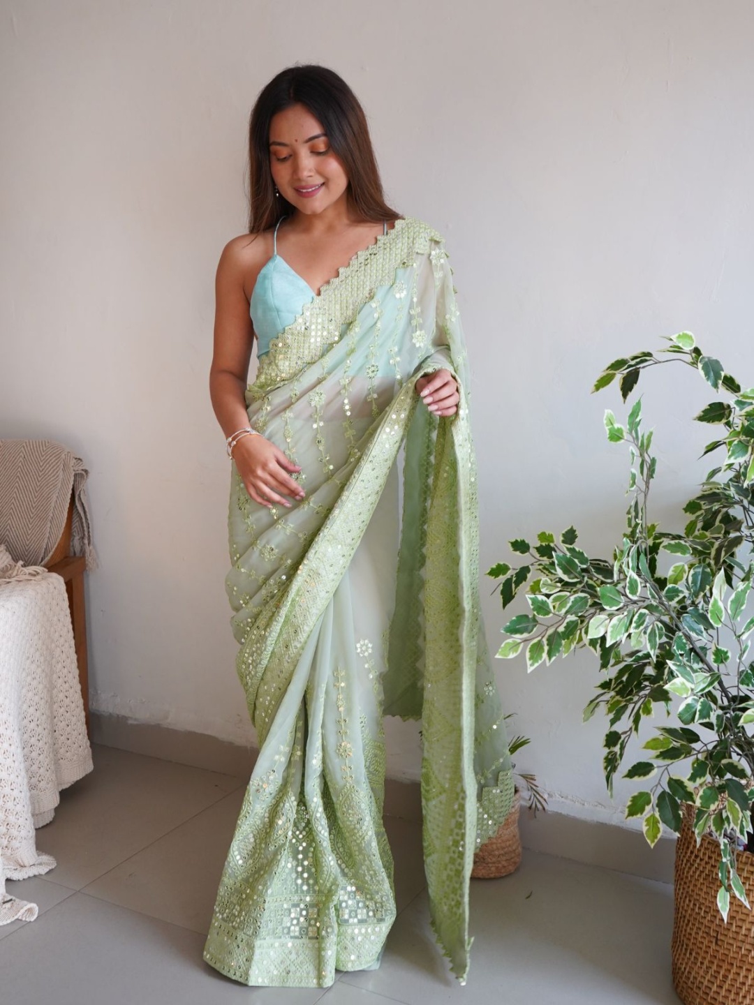 

ODETTE Embellished Sequinned Poly Georgette Saree, Green