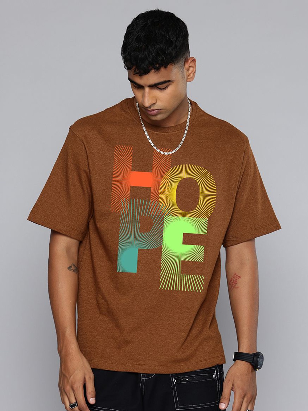 

Moda Rapido Men Typography Printed Round Neck Cotton Relaxed Fit T-shirt, Brown