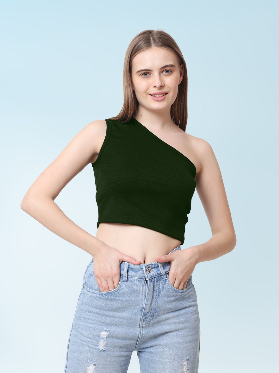 

Sizi One Shoulder Tank Crop Top, Olive