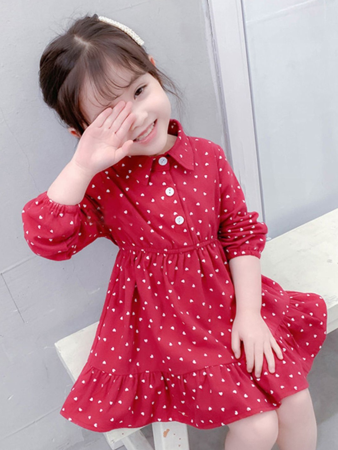 

YK Girls Conversational Printed Cotton Shirt Dress, Red