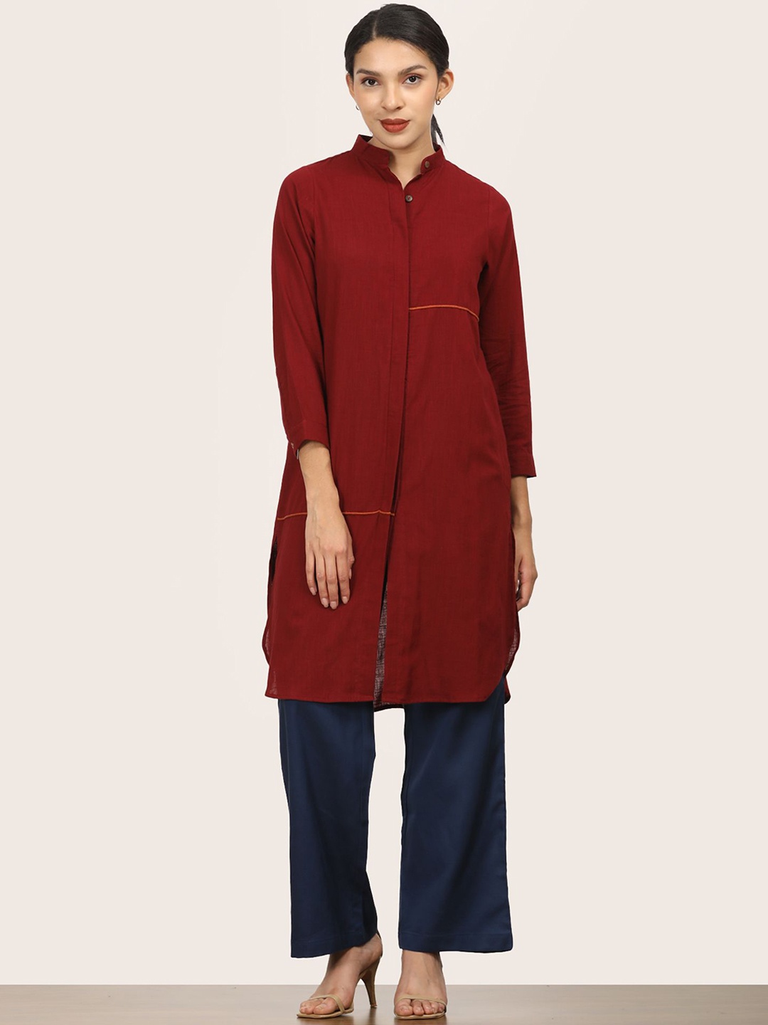 

Saltpetre Women Maroon Mandarin Neck Long Shirt With Navy Pants Co-Ords, Magenta