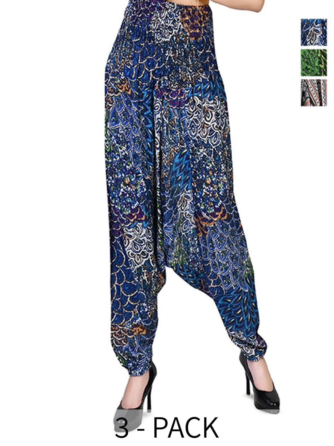 

NarNari Women Pack Of 3 Printed Loose Fit Mid-Rise Harem Pants, Black