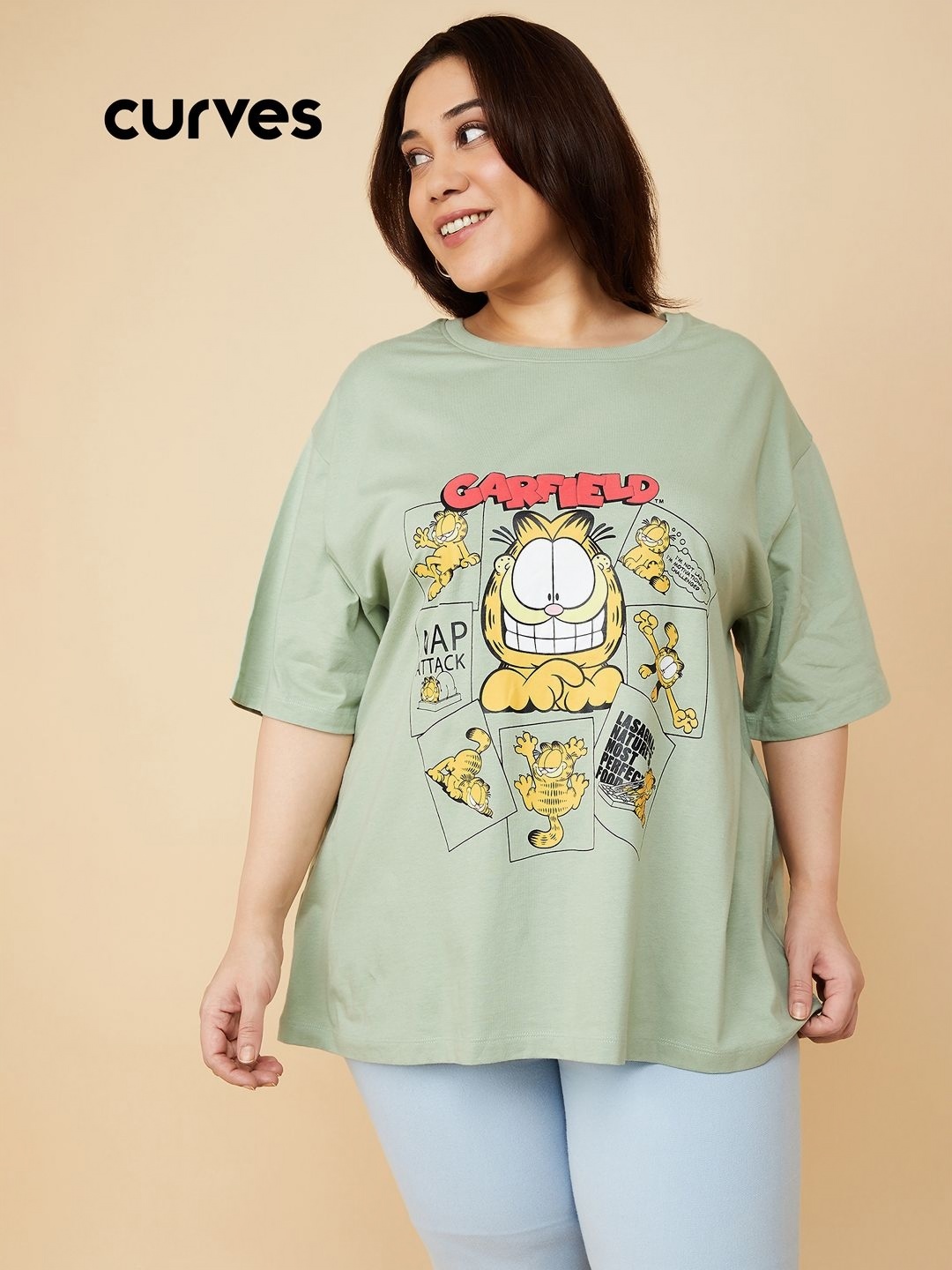 

Max Women Plus size Typography Printed Extended Sleeves Applique T-shirt, Green