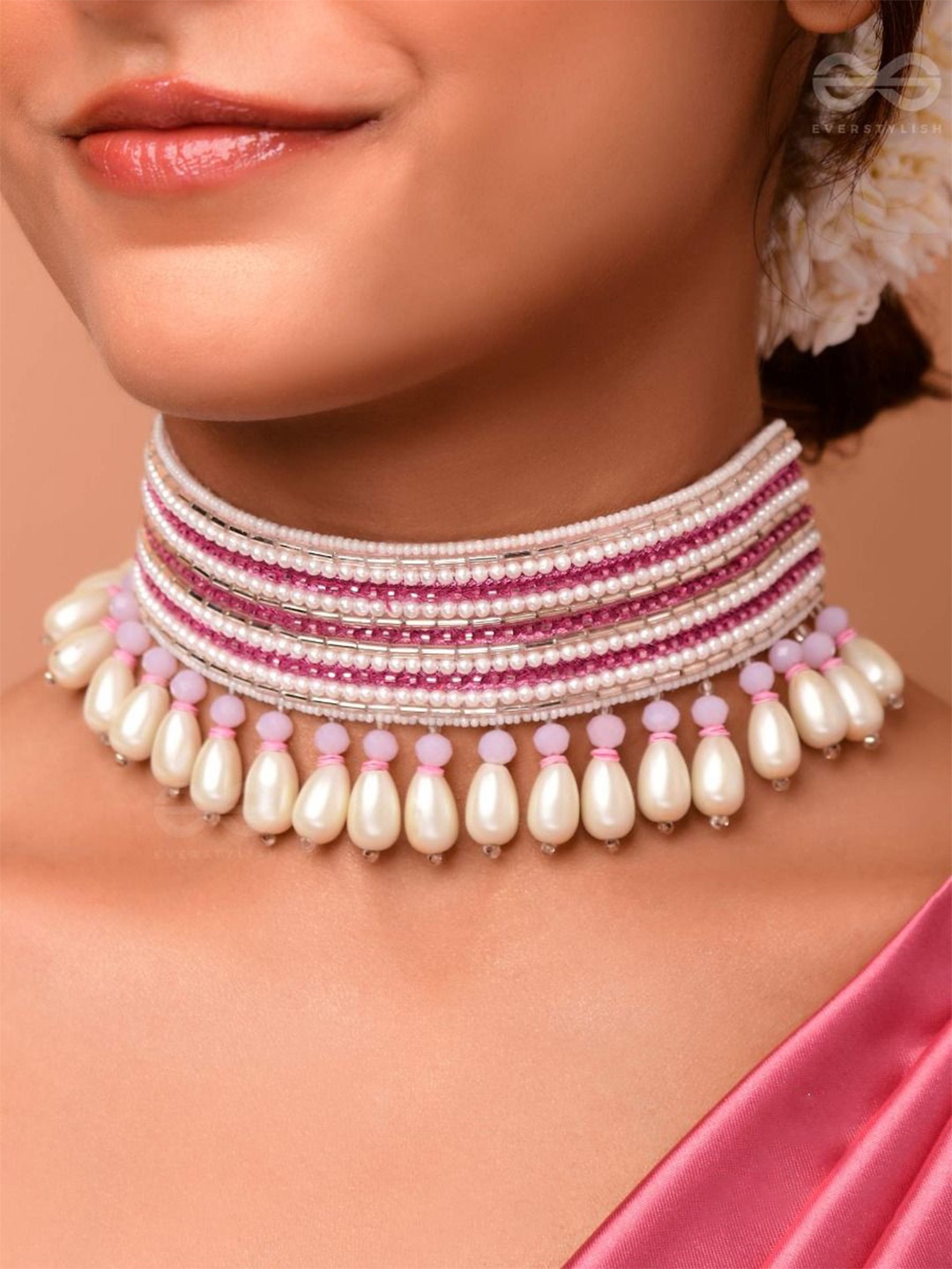 

EVERSTYLISH Sanjoya Pearl & Glass Beads Embroidered Choker Necklace, Pink